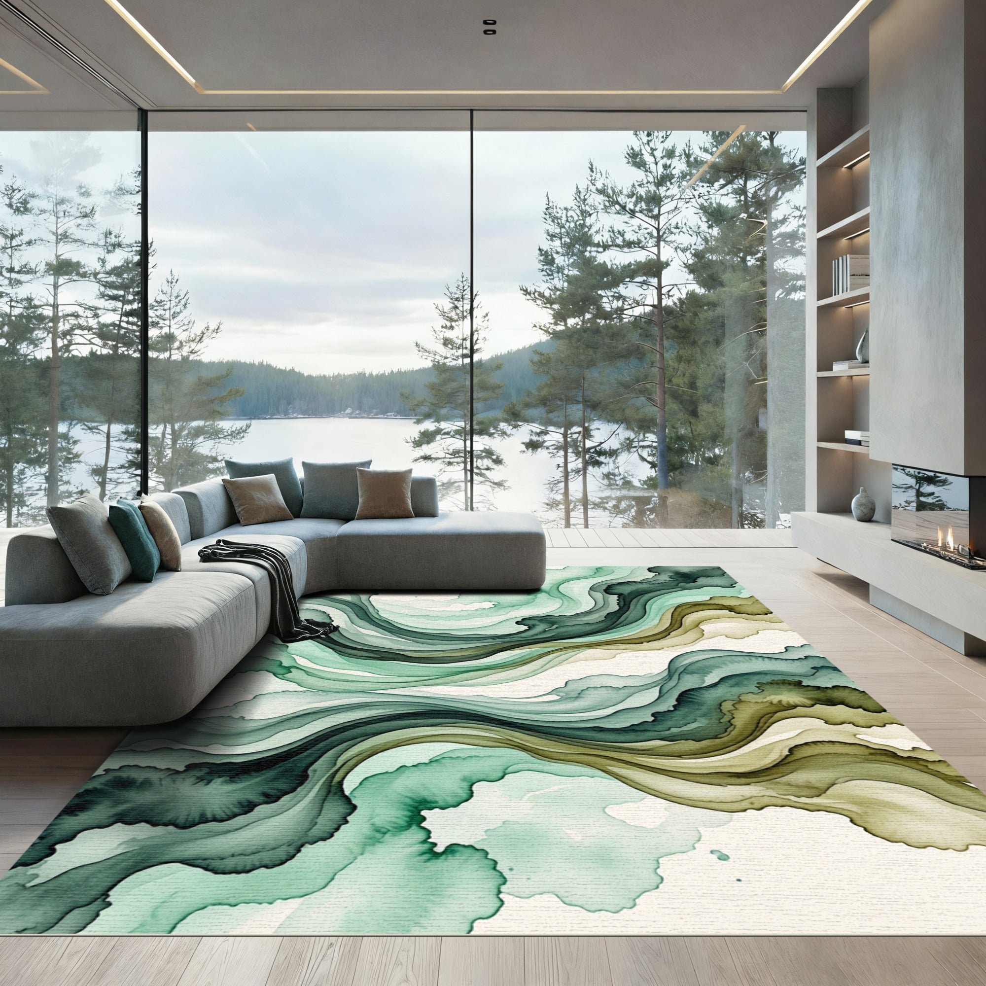 Emerald Moss Abstract Wave Fluid Art Rug