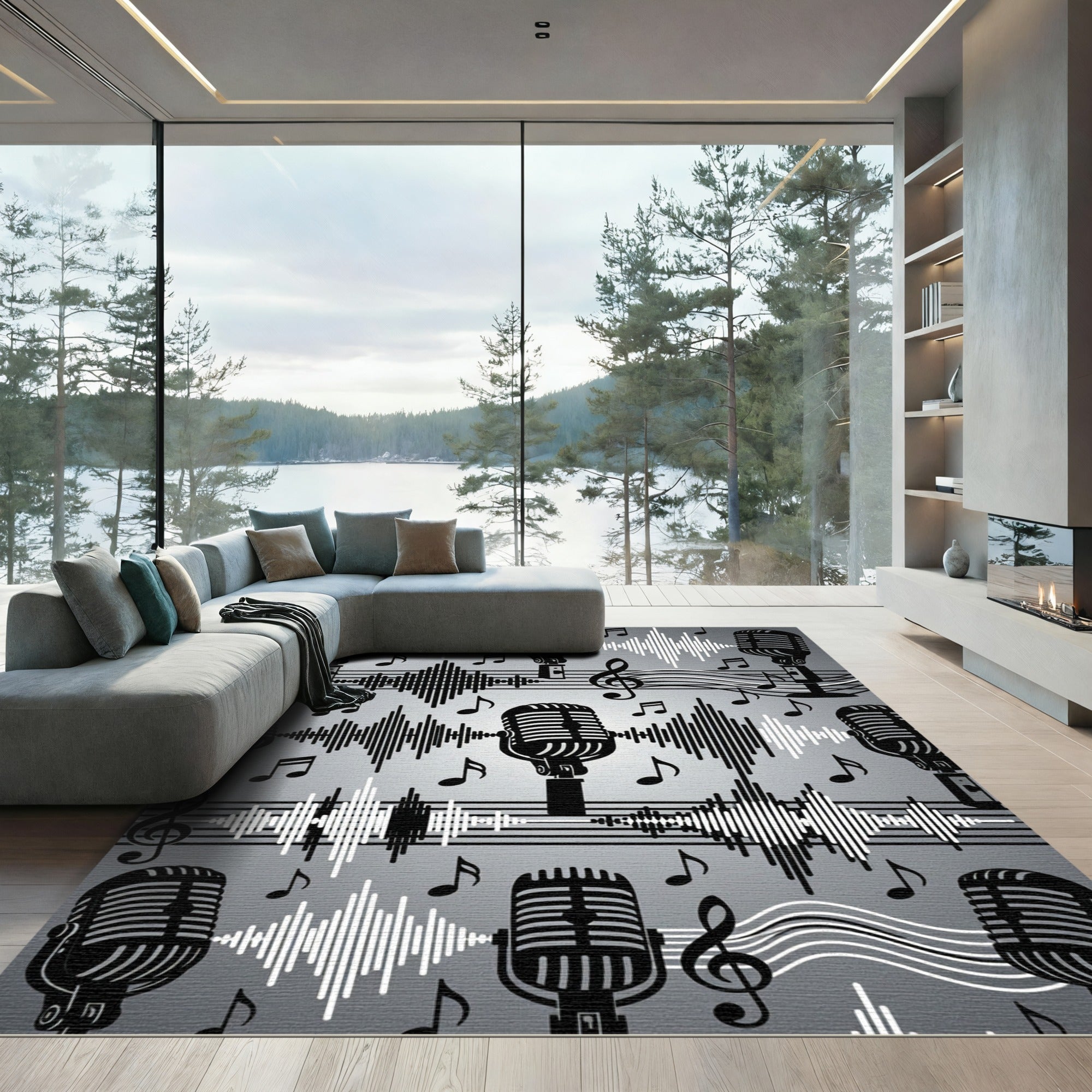 Monochrome Vintage Microphone Musical Note Accord Rug