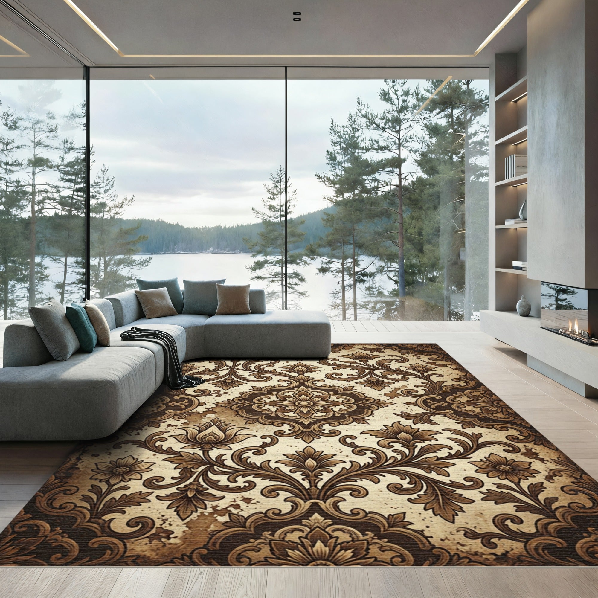 Vintage Brown Ornate Damask Scroll Rug