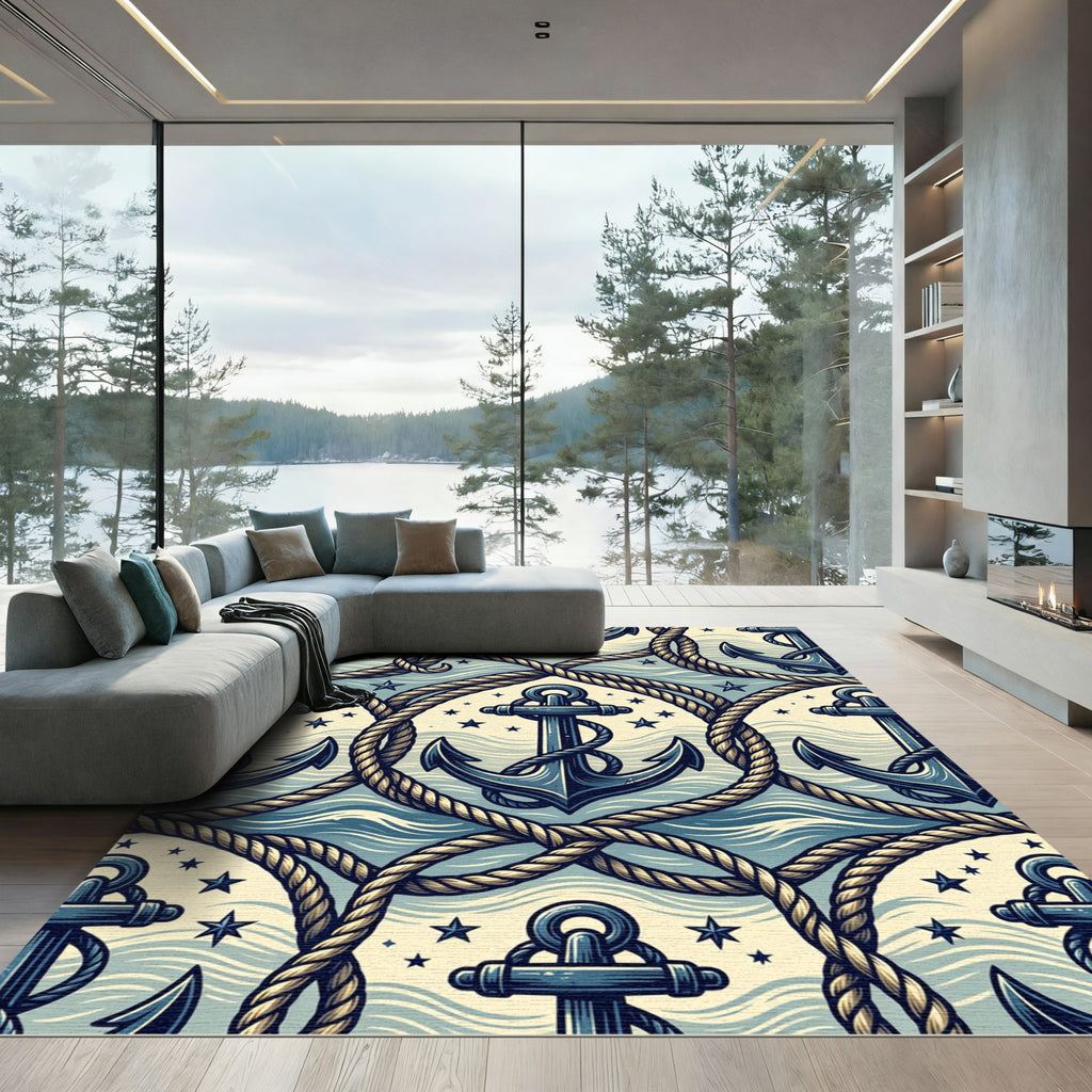 Nautical Anchor Rope Marine Navy Cream Rug