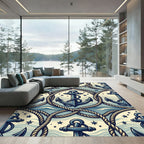 Nautical Anchor Rope Marine Navy Cream Rug