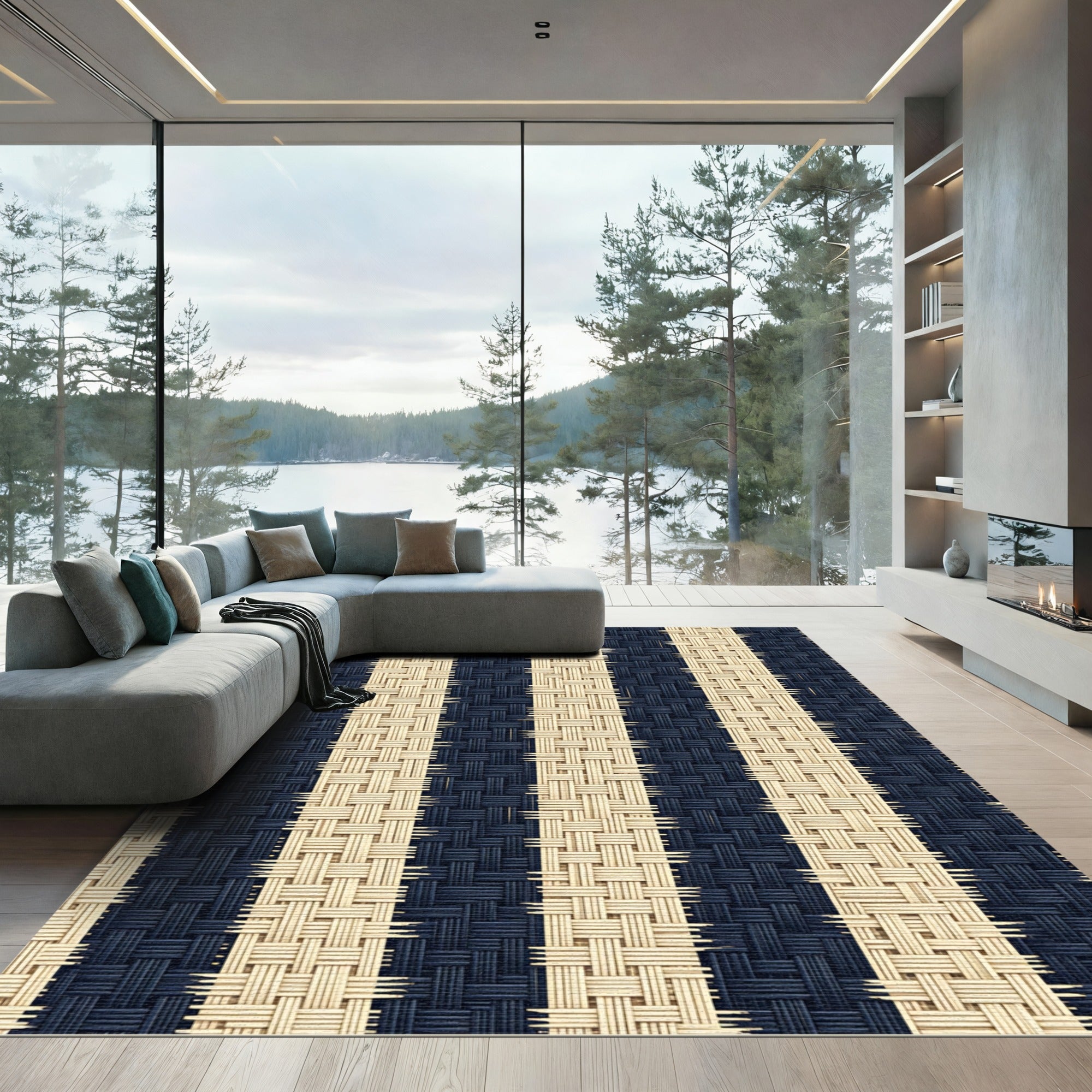 Modern Navy and Cream Vertical Stripe Rug