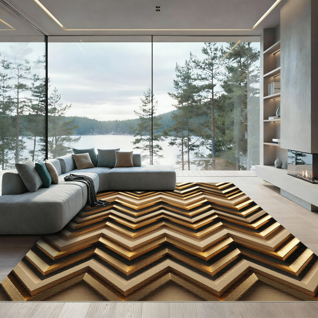 Metallic Gold Geometric Chevron Wave Rug