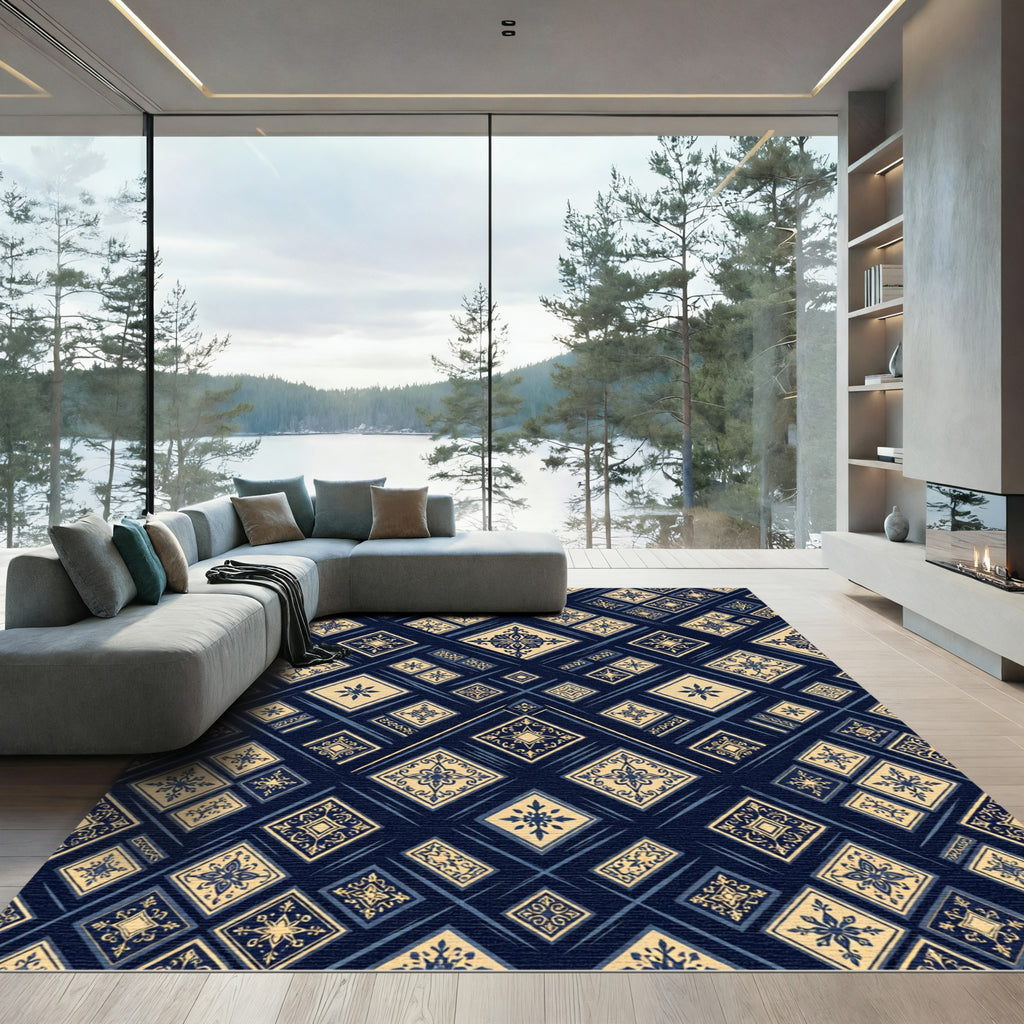 Deep Blue Golden Square Medallion Rug