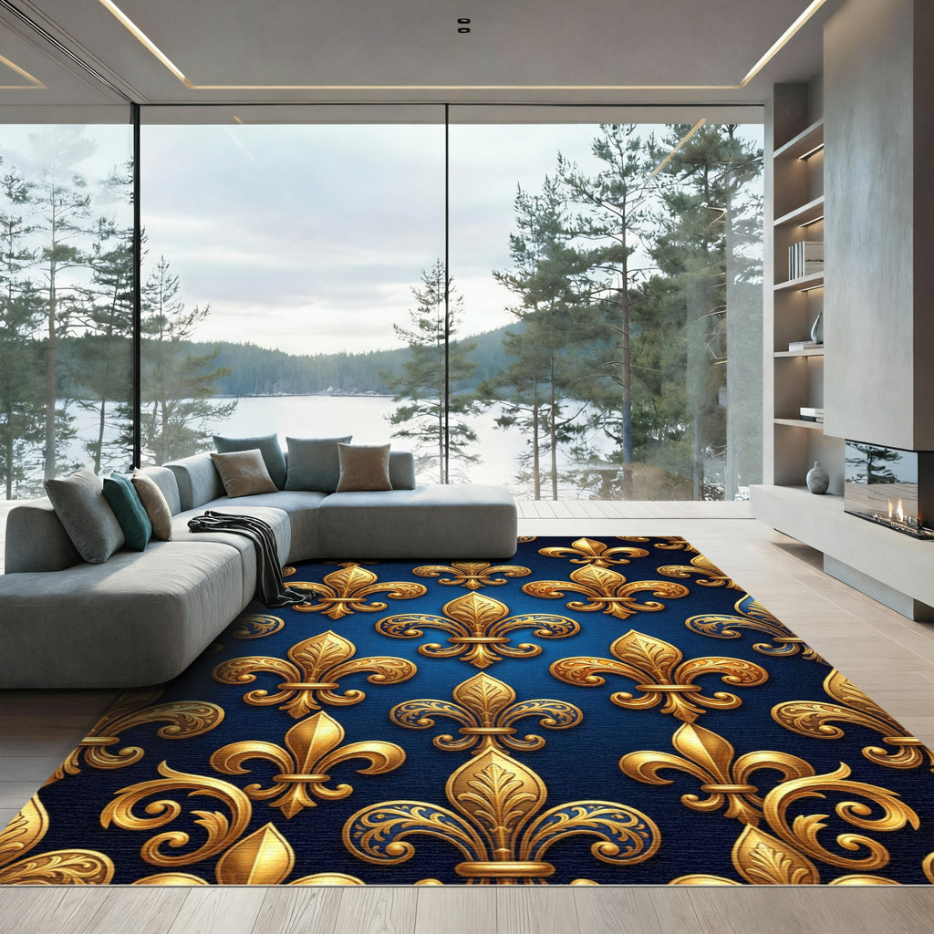 Royal Blue Gold Fleur de Lis Rug