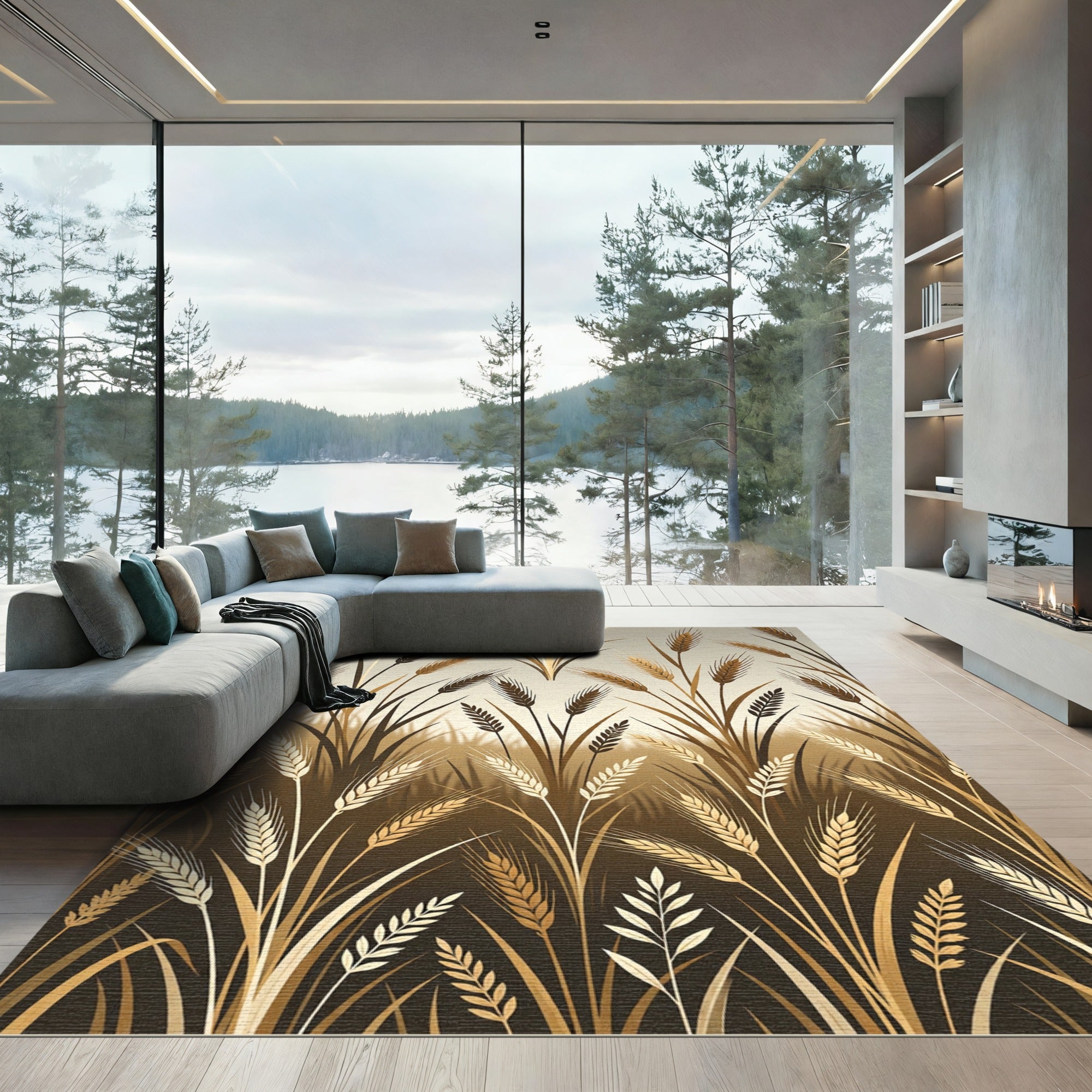 Golden Wheat Field Grass Illustration Rug