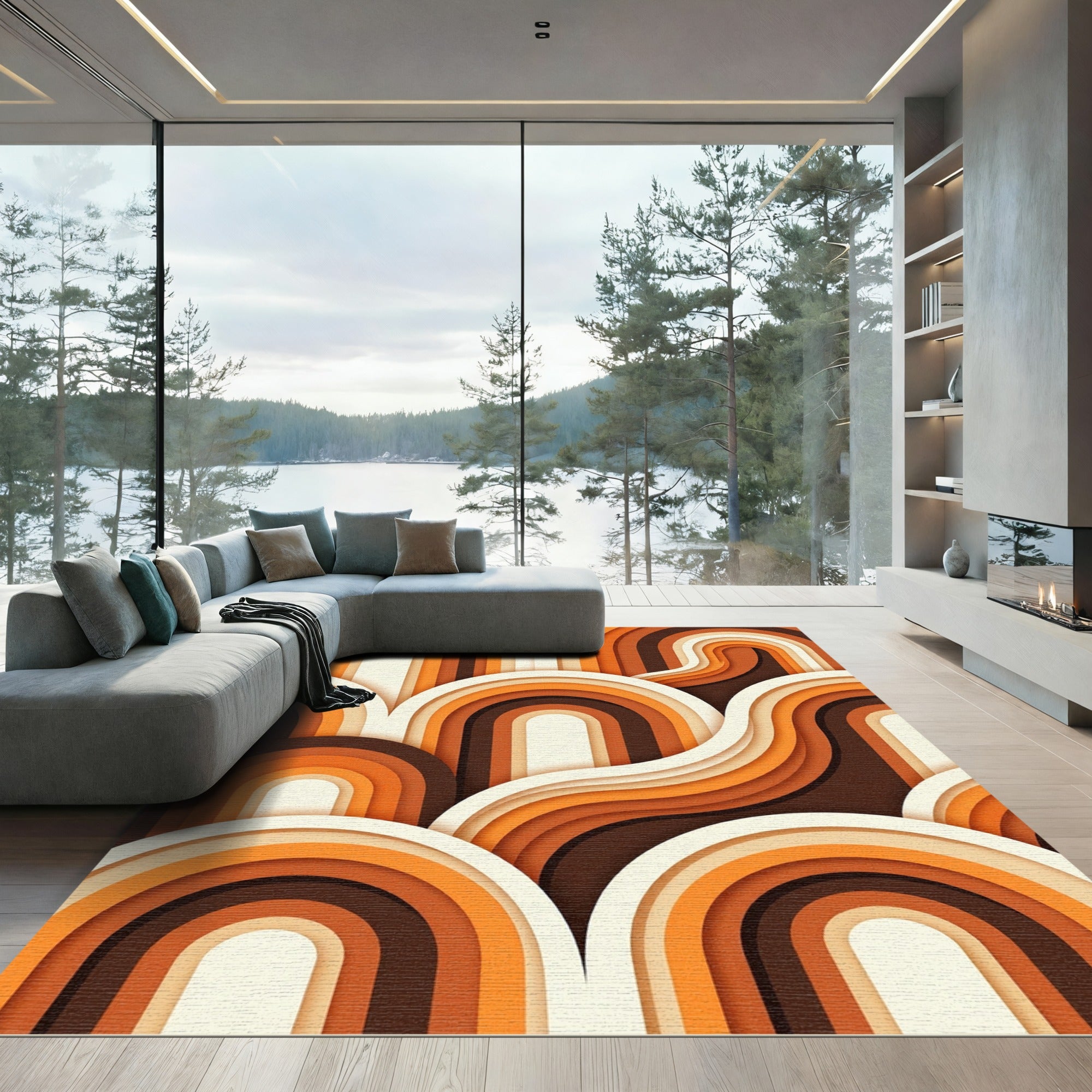 Retro Midcentury Arched Warm Earth Tone Rug