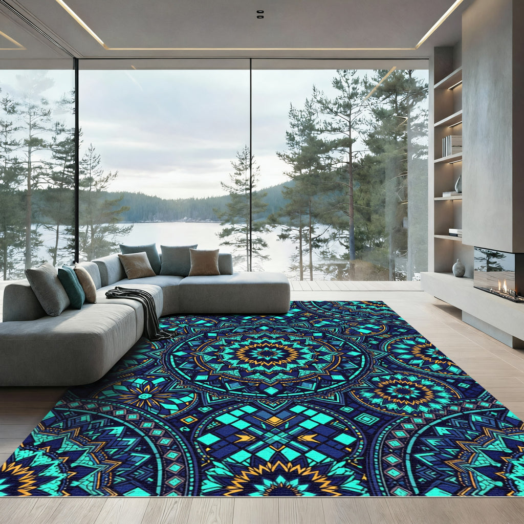 Electric Blue Teal Gold Mandala Rug