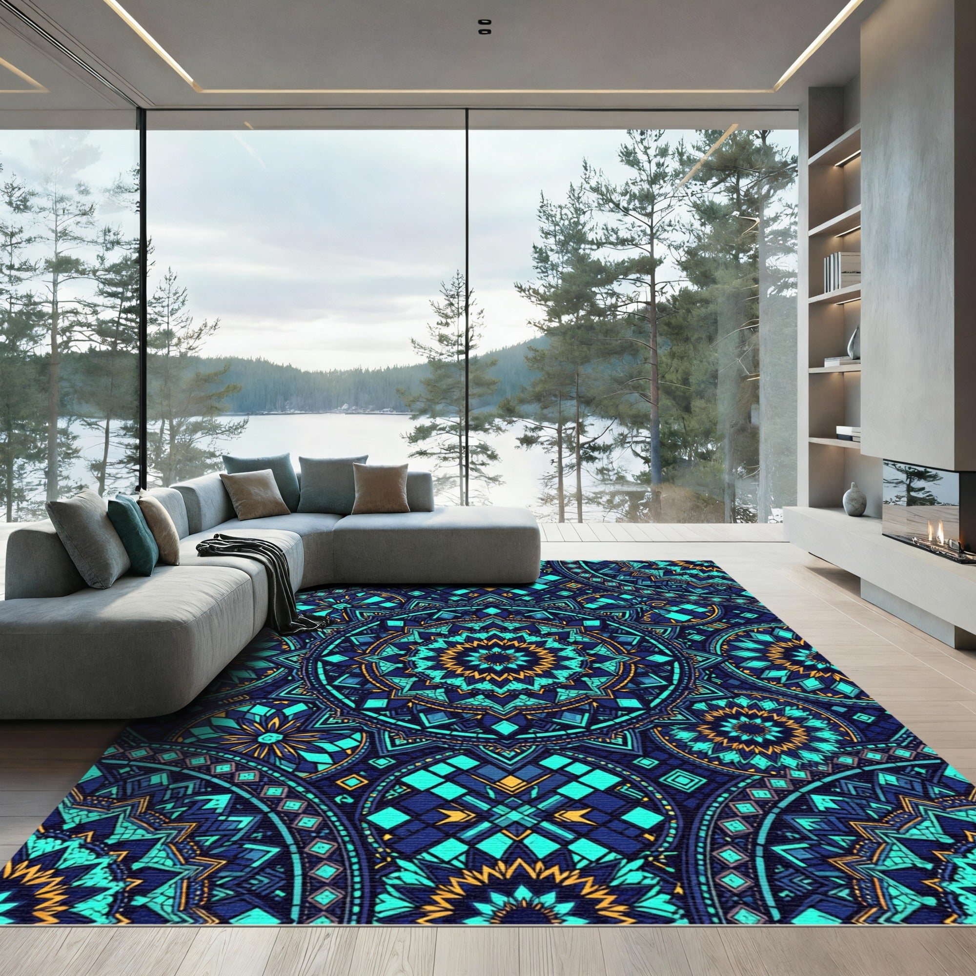 Electric Blue Teal Gold Mandala Rug