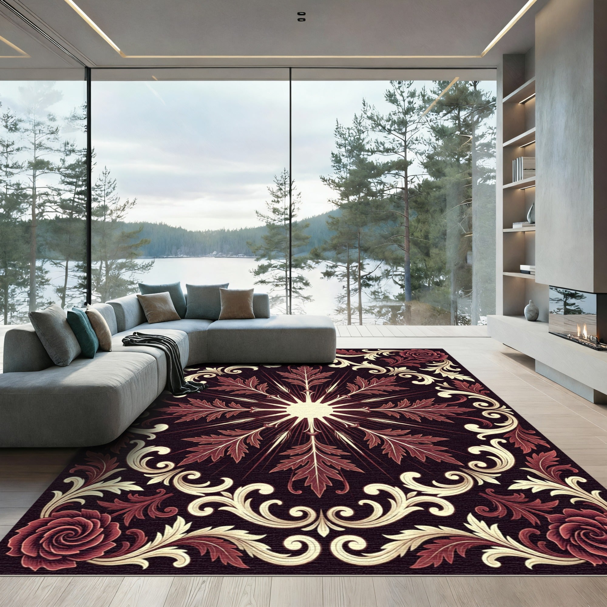 Dark Crimson Floral Baroque Medallion Rug
