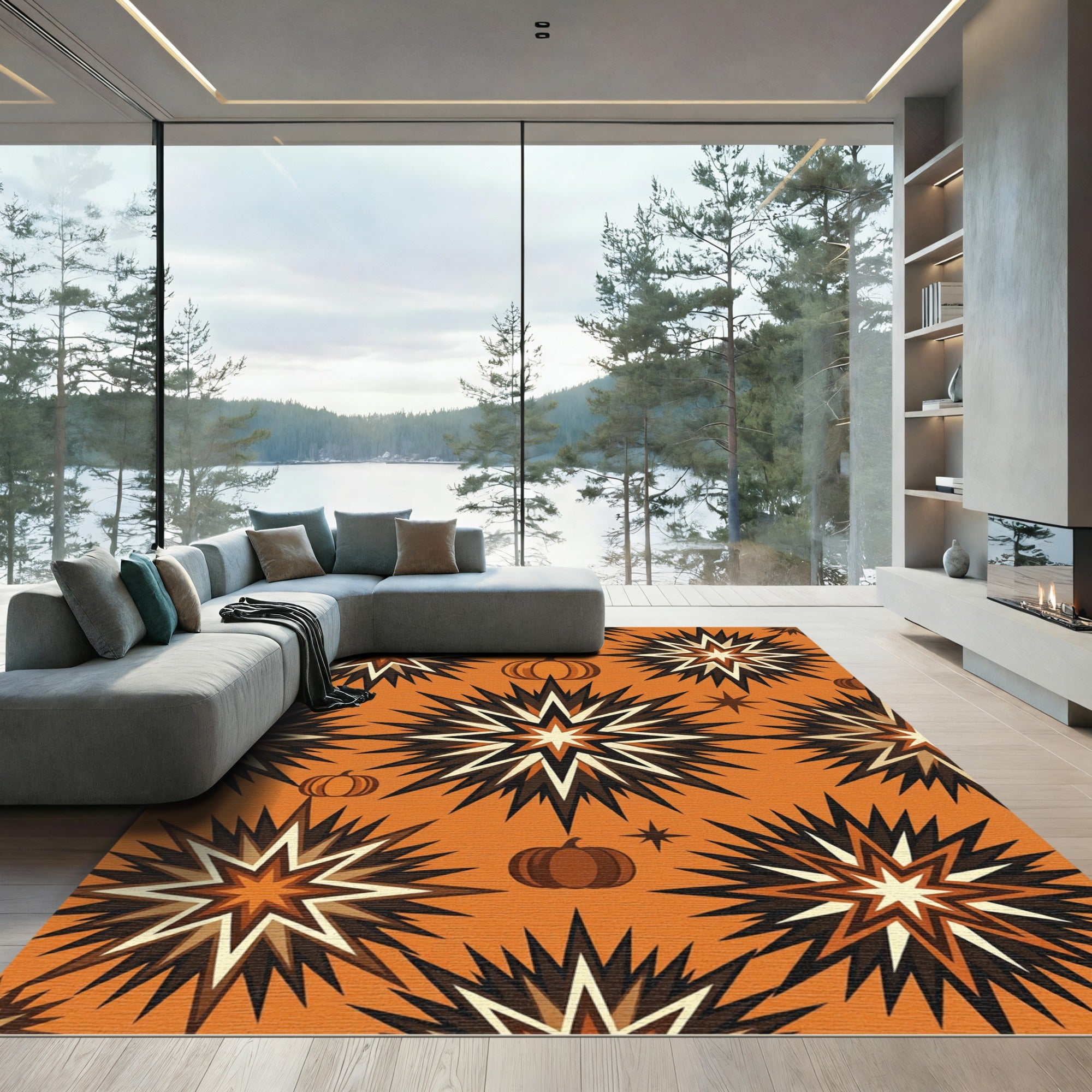 Autumnal Geometric Star and Pumpkin Rug