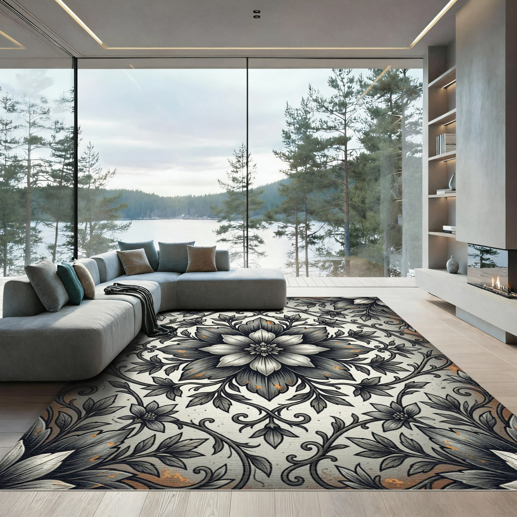 Sophisticated Charcoal Floral Damask Scroll Rug
