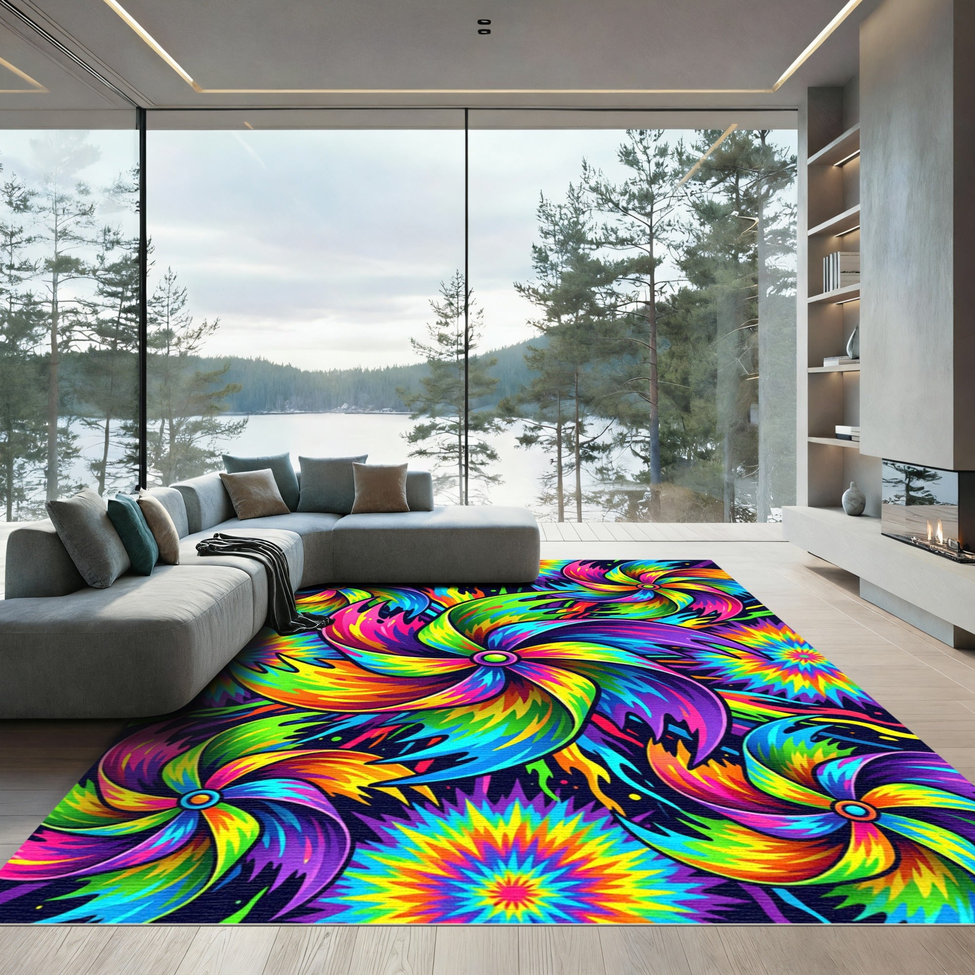 Vibrant Psychedelic Kaleidoscopic Swirl Art Rug