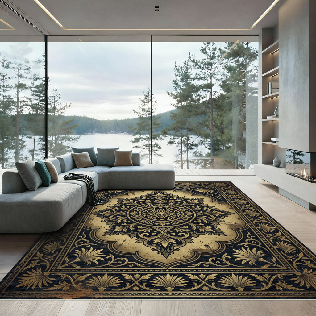 Ornate Golden Black Floral Medallion Rug