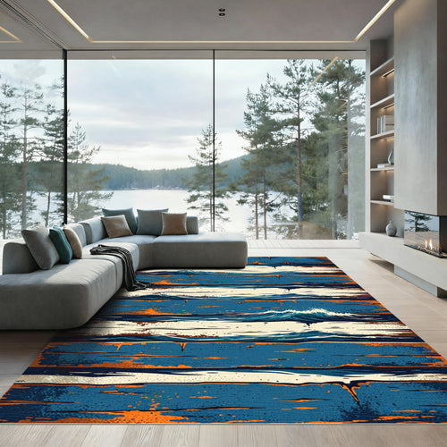 Abstract Blue and Orange Ocean Wave Rug