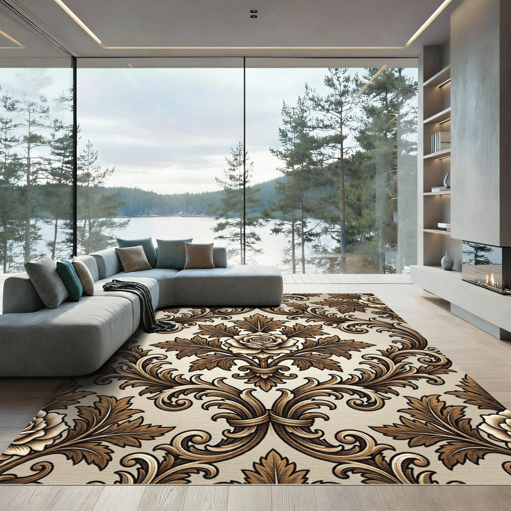 Elegant Brown Damask Floral Scroll Rug