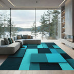 Modern Teal Geometric Block Mosaic Rug