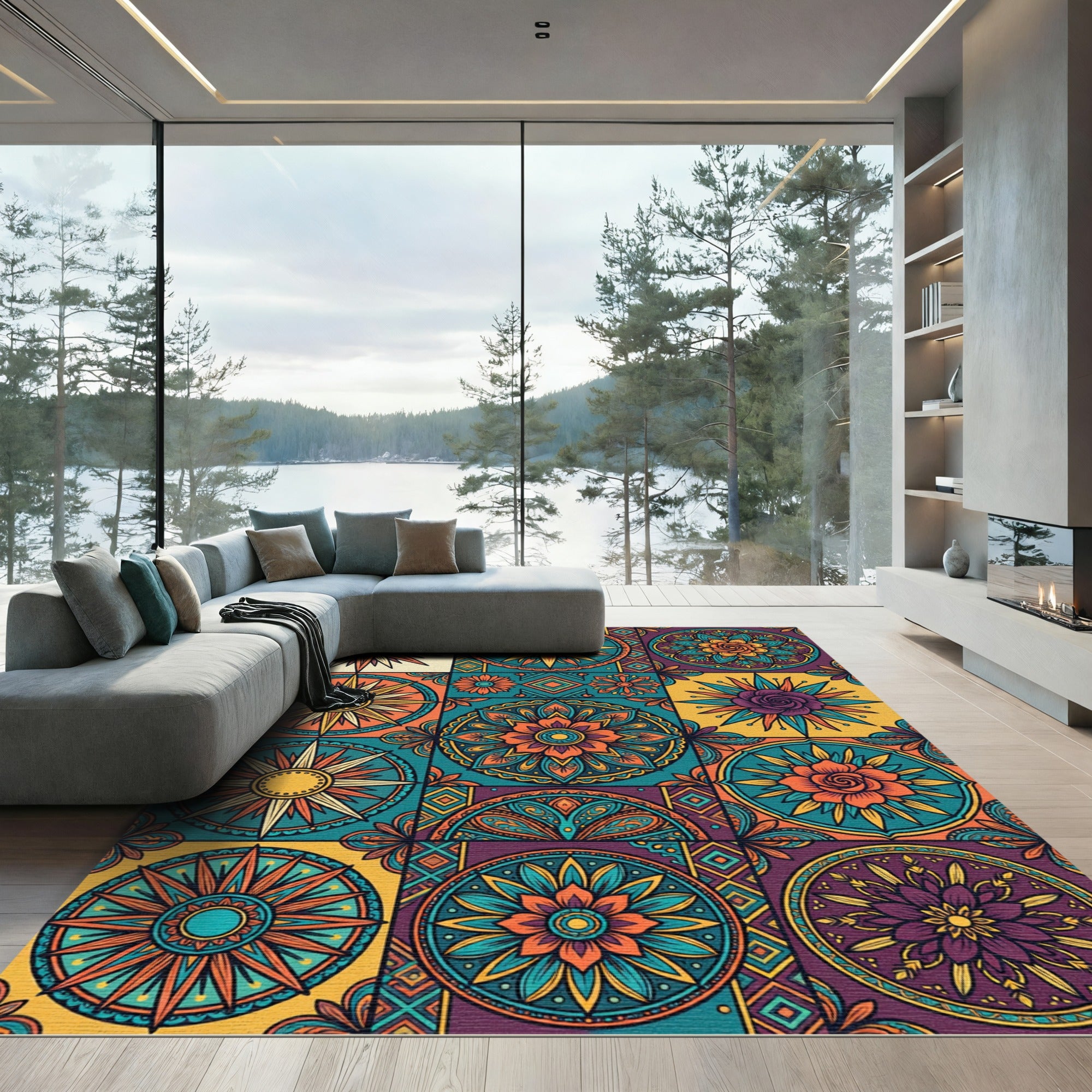 Vibrant Sunburst Mandala Tile Rug