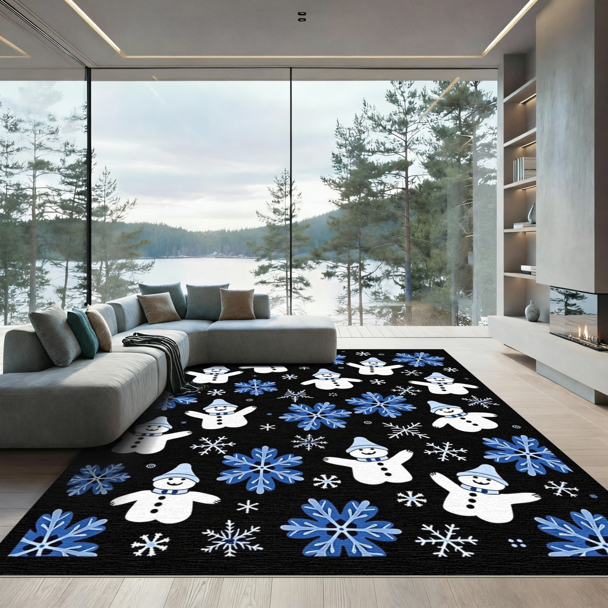 Blue Snowflakes and Cute Snowmen Toss Rug