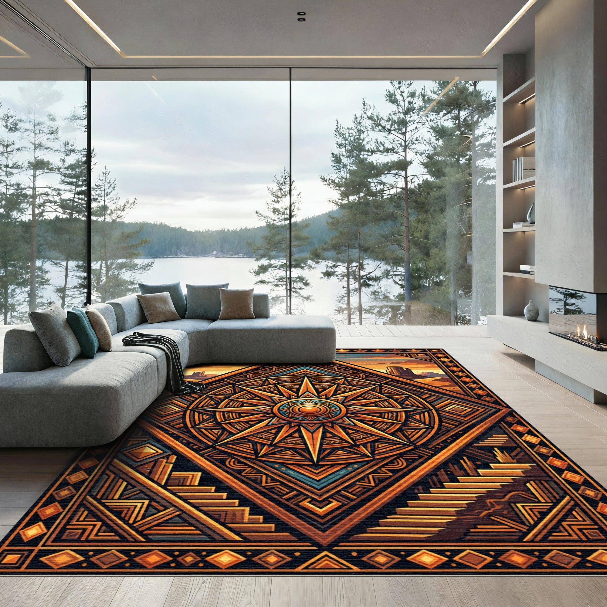 Golden Desert Sun Geometric Radiant Compass Rug