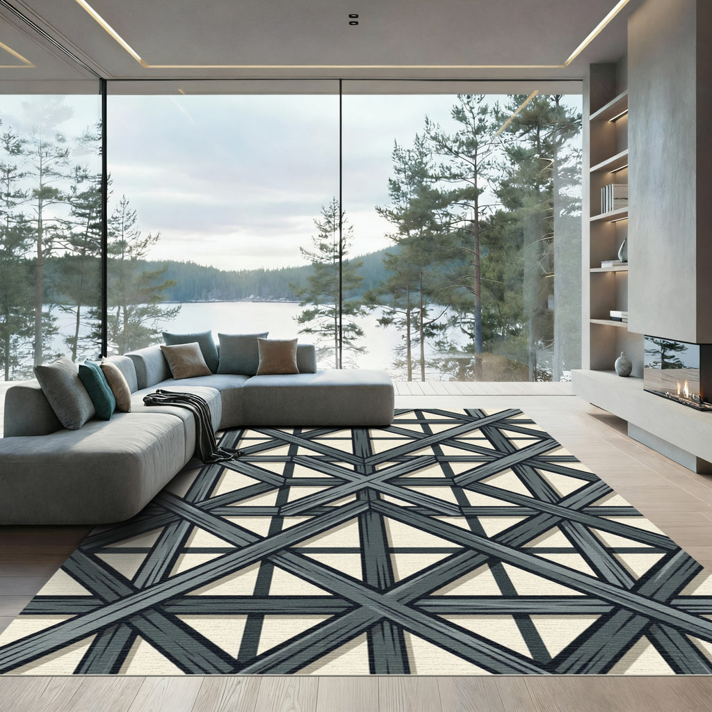 Gray Lattice Overlay Geometric Accents Rug