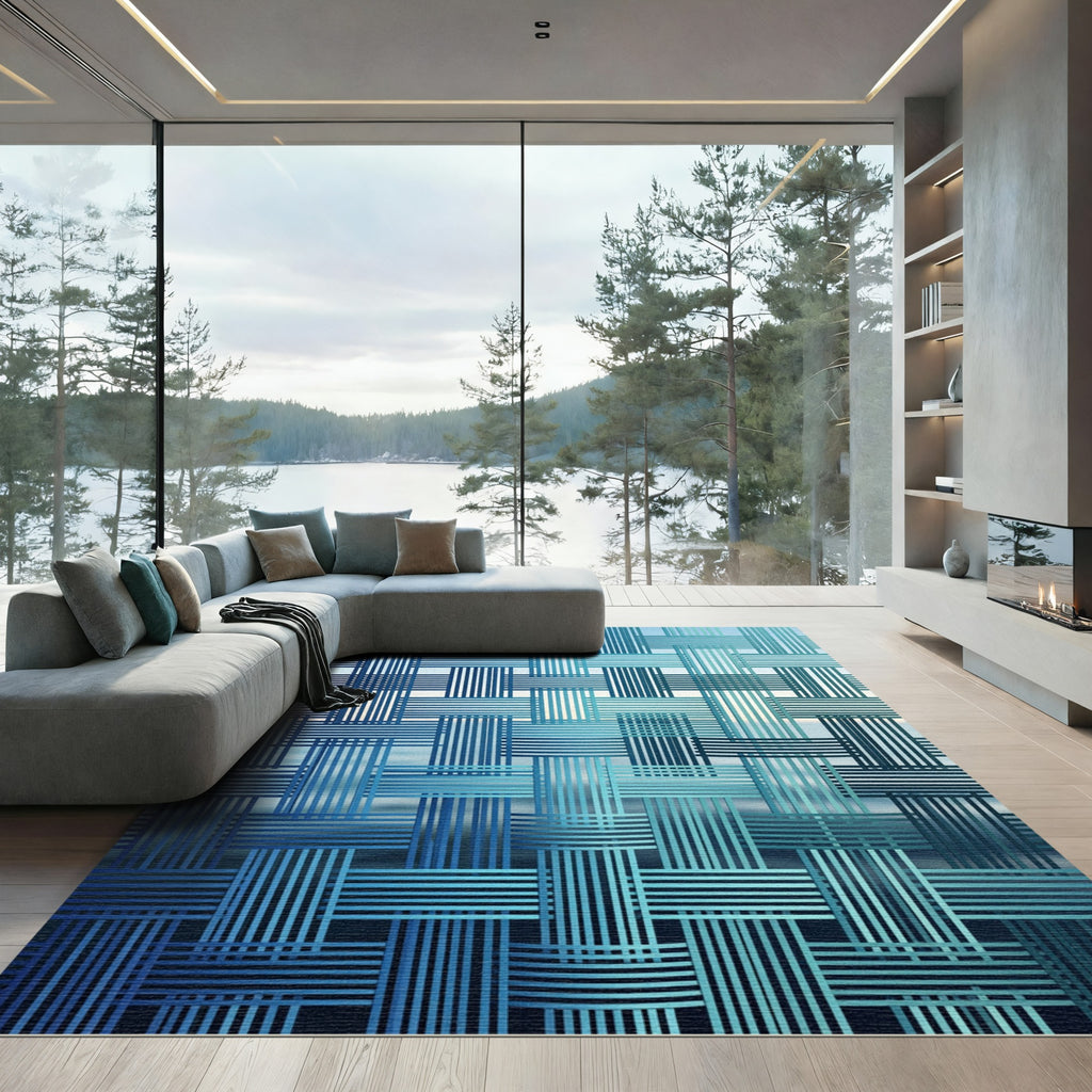 Contemporary Blue Woven Interlaced Geometric Rug
