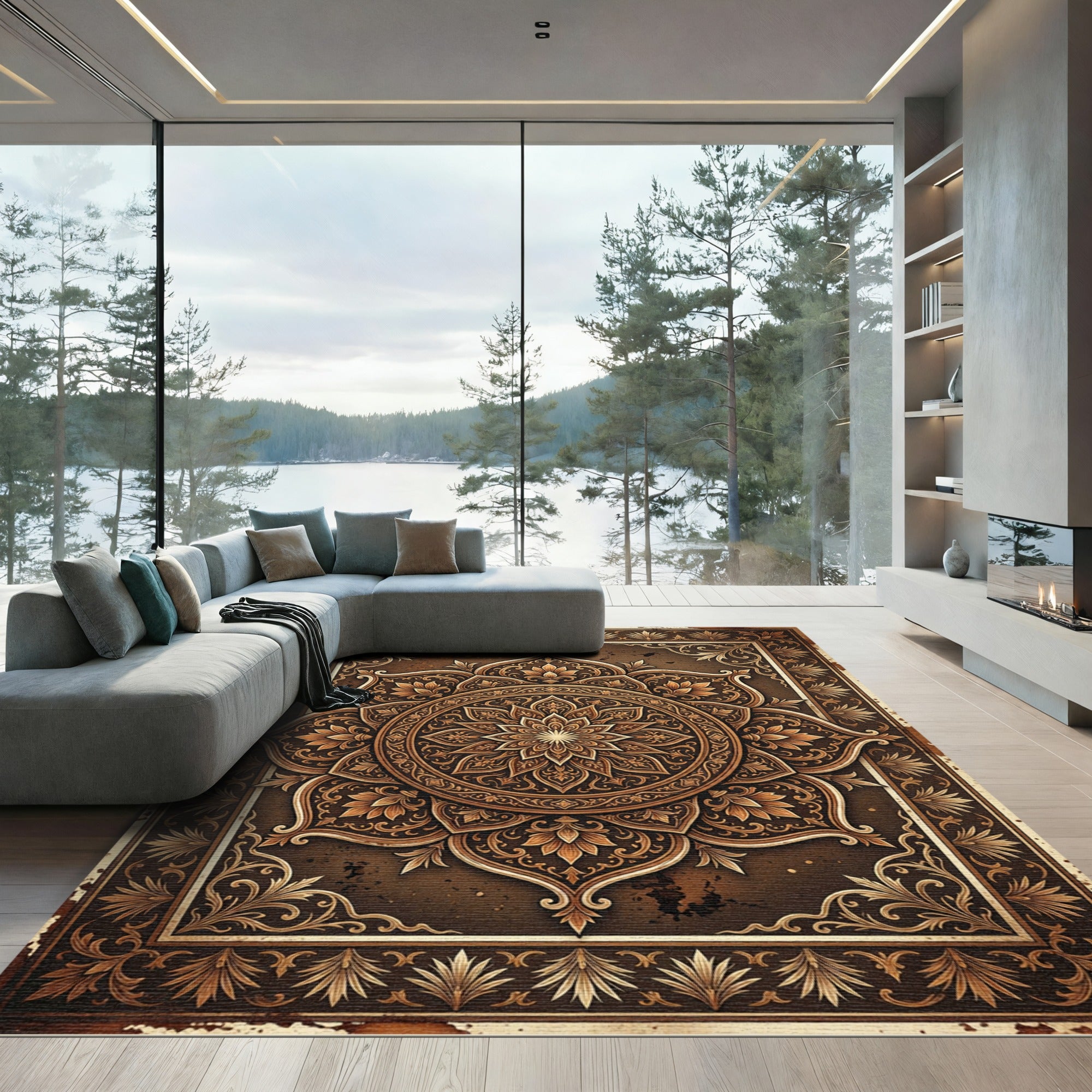 Rich Bronze Floral Mandala Accent Rug
