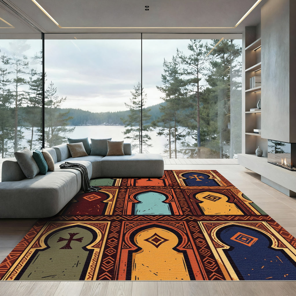 Arched Terracotta Blue Medallion Cross Rug