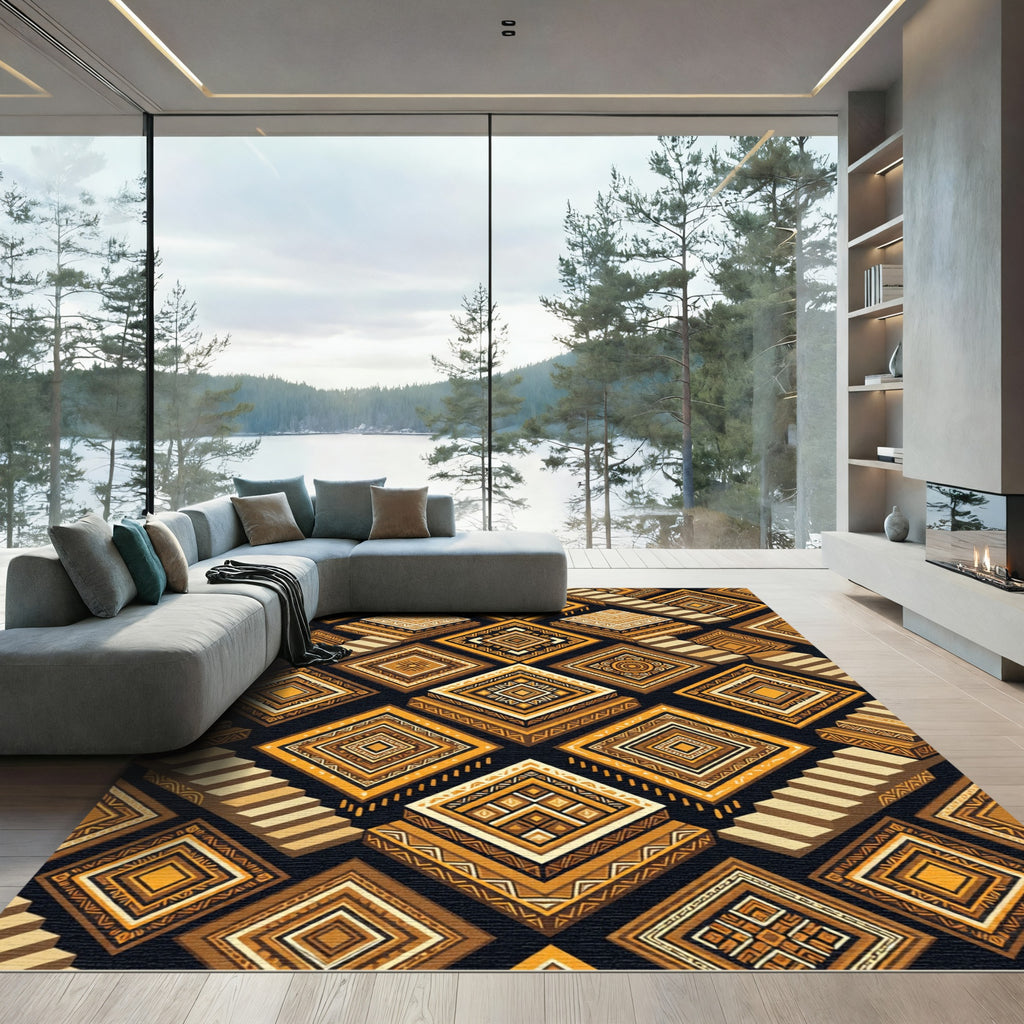Golden Staircase Geometric Aztec Diamond Rug