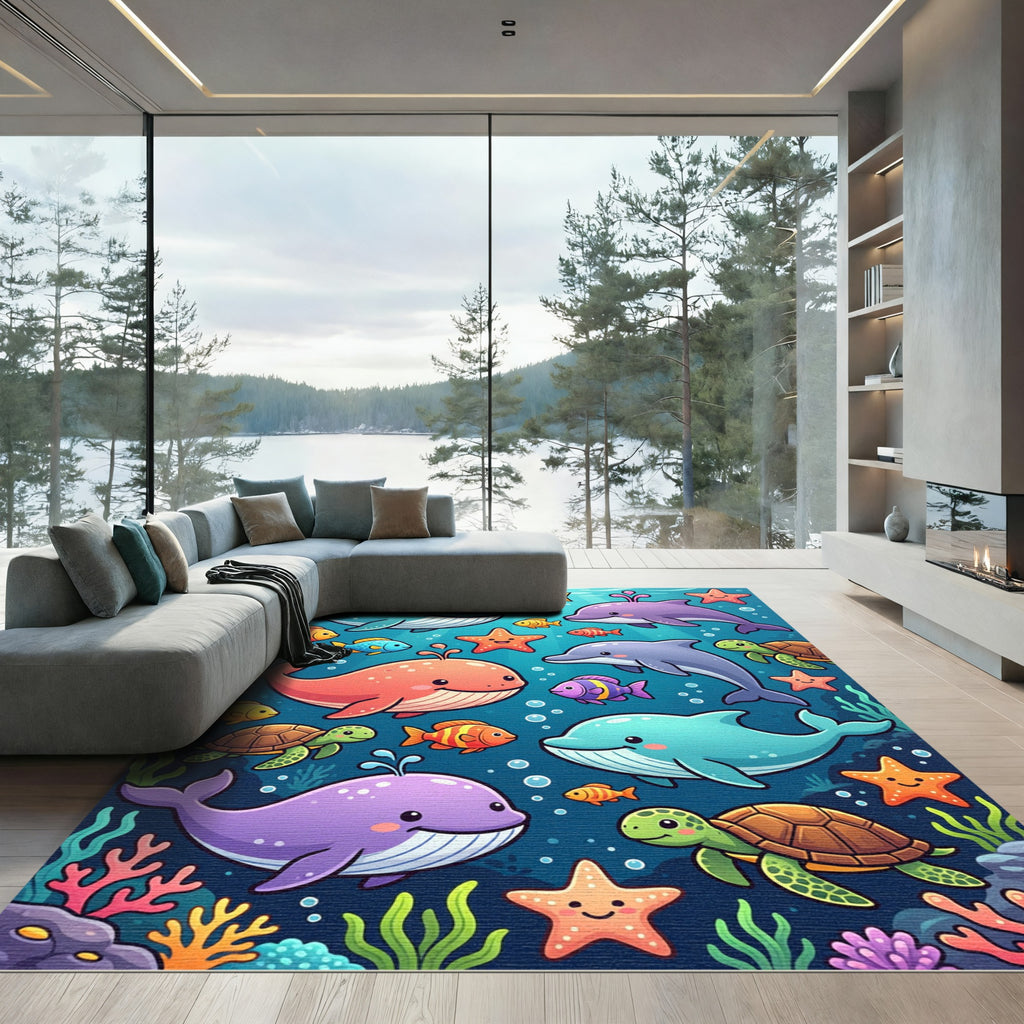 Vibrant Whale Dolphin Sea Turtle Watercolor Rug