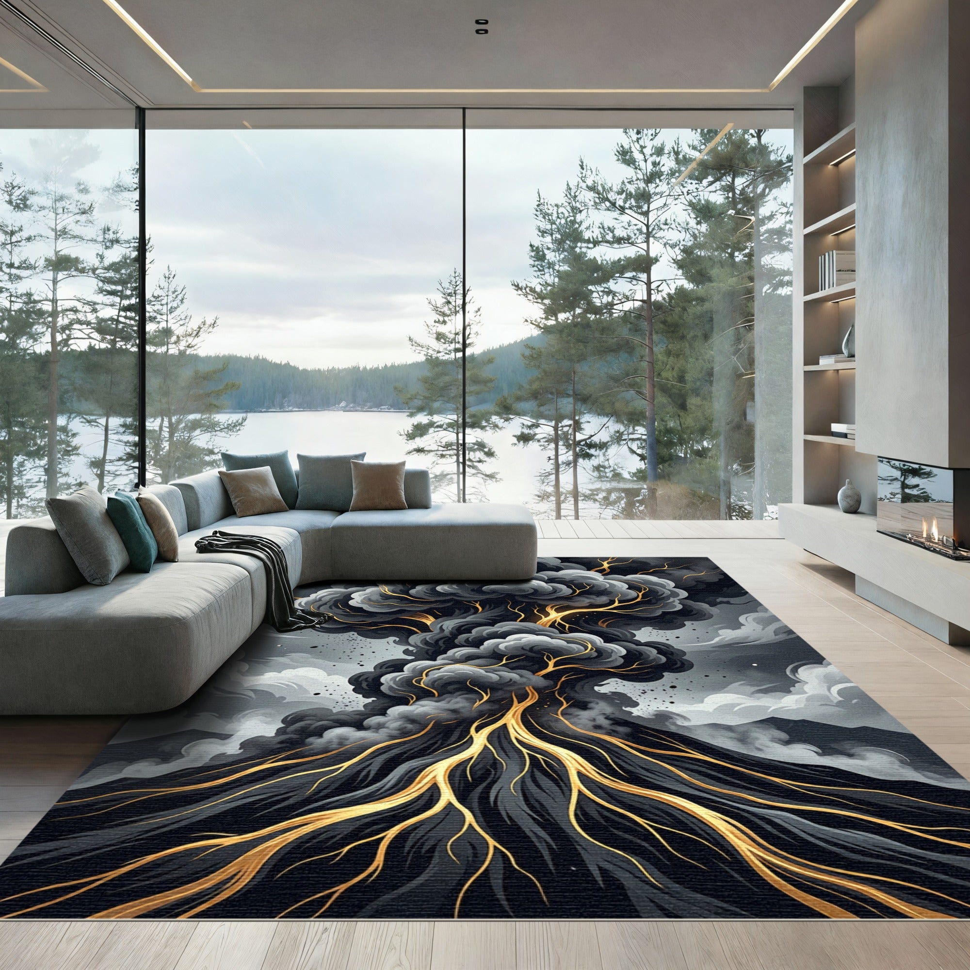 Golden Lava Eruption Dark Ash Cloud Rug