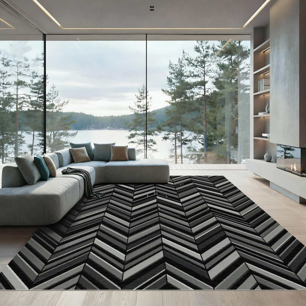 Modern Charcoal Monochrome Chevron Geometric Rug