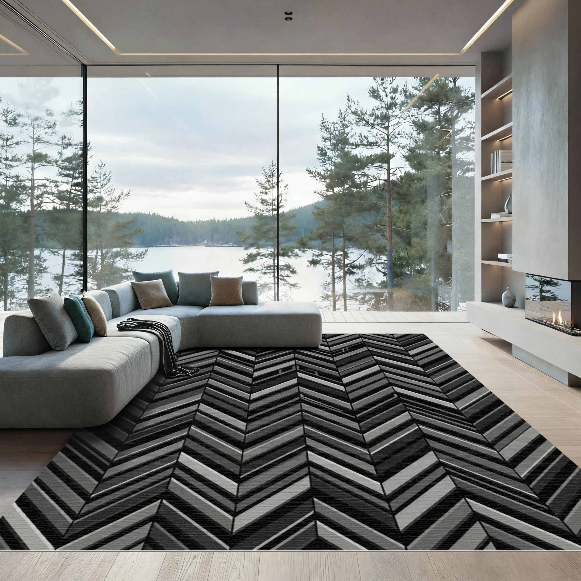Modern Charcoal Monochrome Chevron Geometric Rug