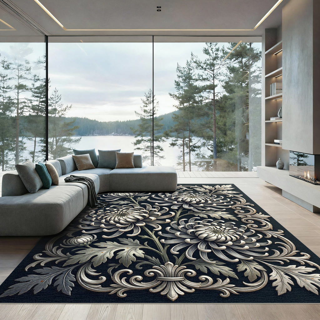 Monochromatic Chrysanthemum Scrollwork Garden Rug