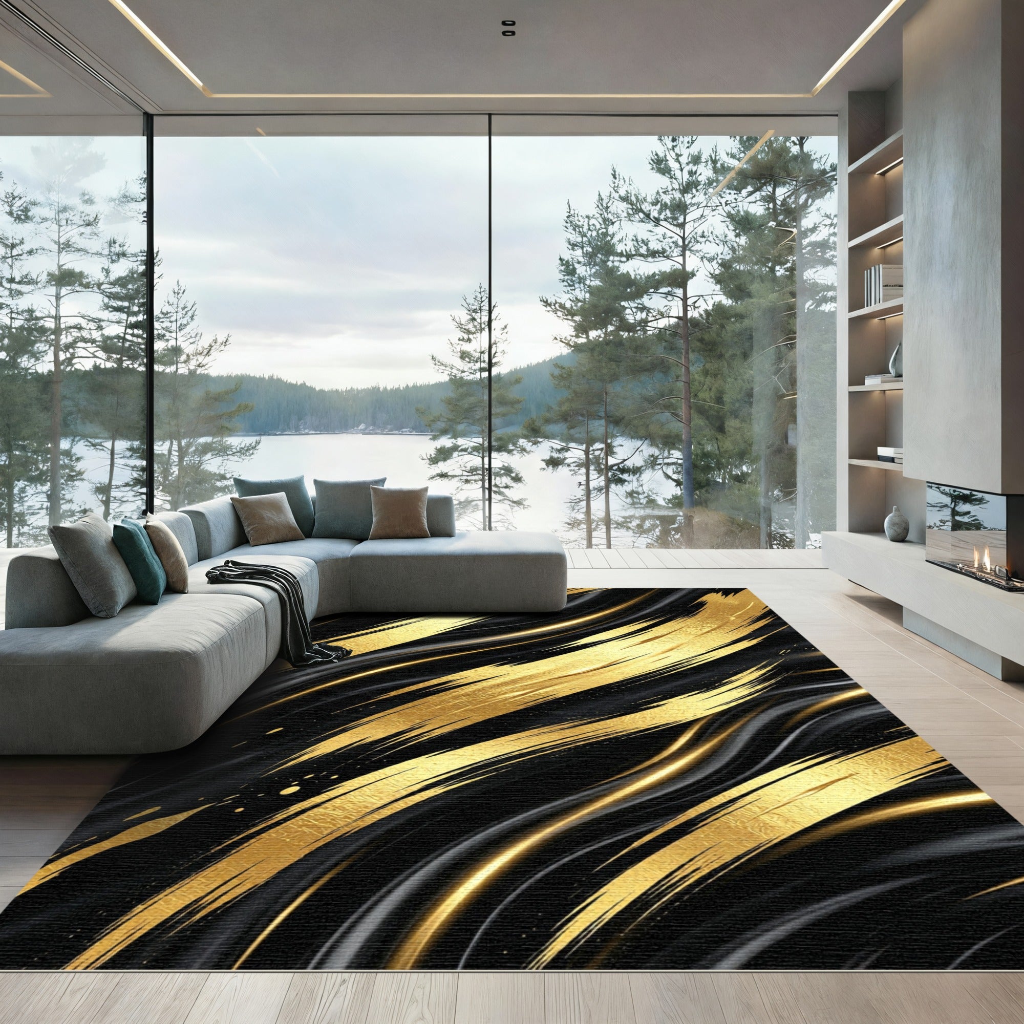 Luxury Black Gold Abstract Fluid Flow Rug
