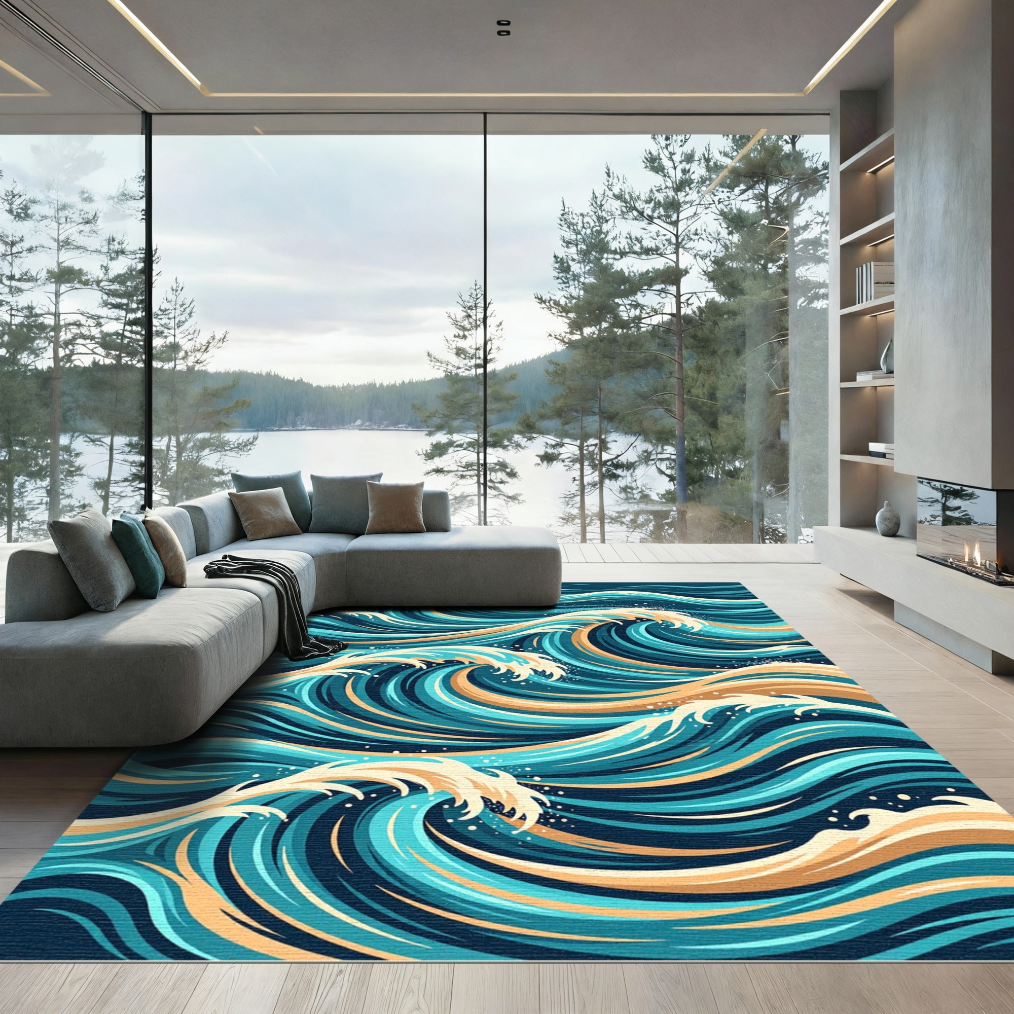 Dynamic Teal and Golden Ocean Swell Rug