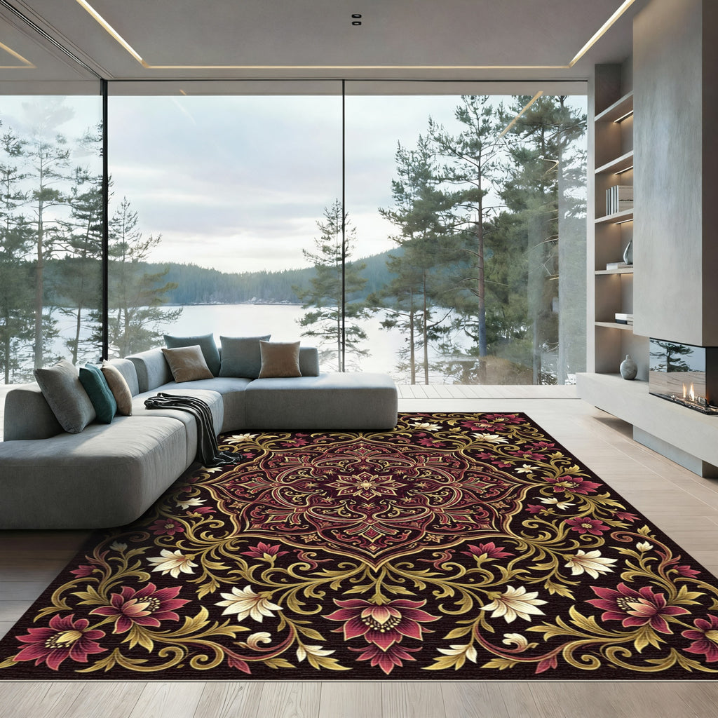 Ornate Crimson Floral Gold Medallion Rug
