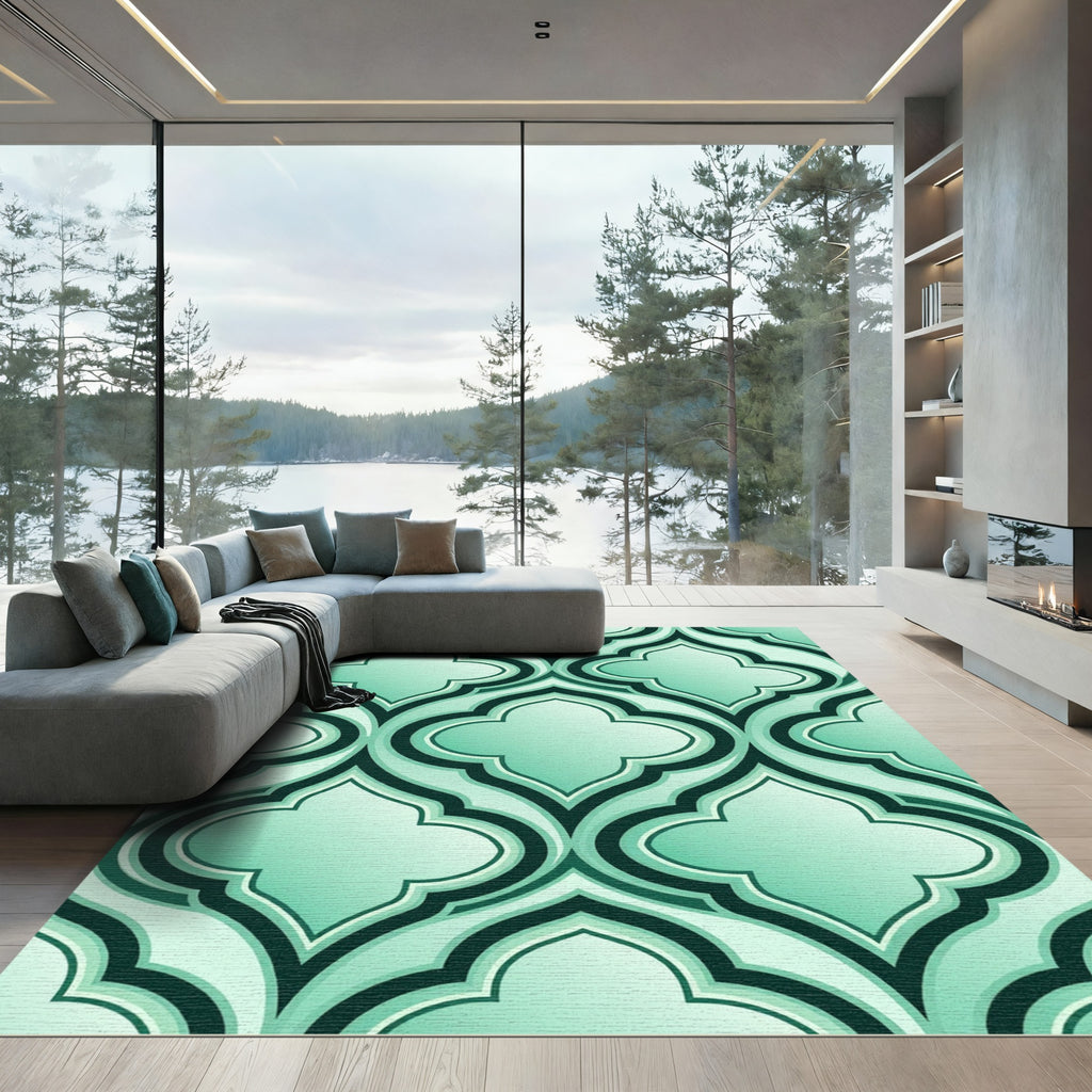 Elegant Mint Quatrefoil Geometric Trellis Rug
