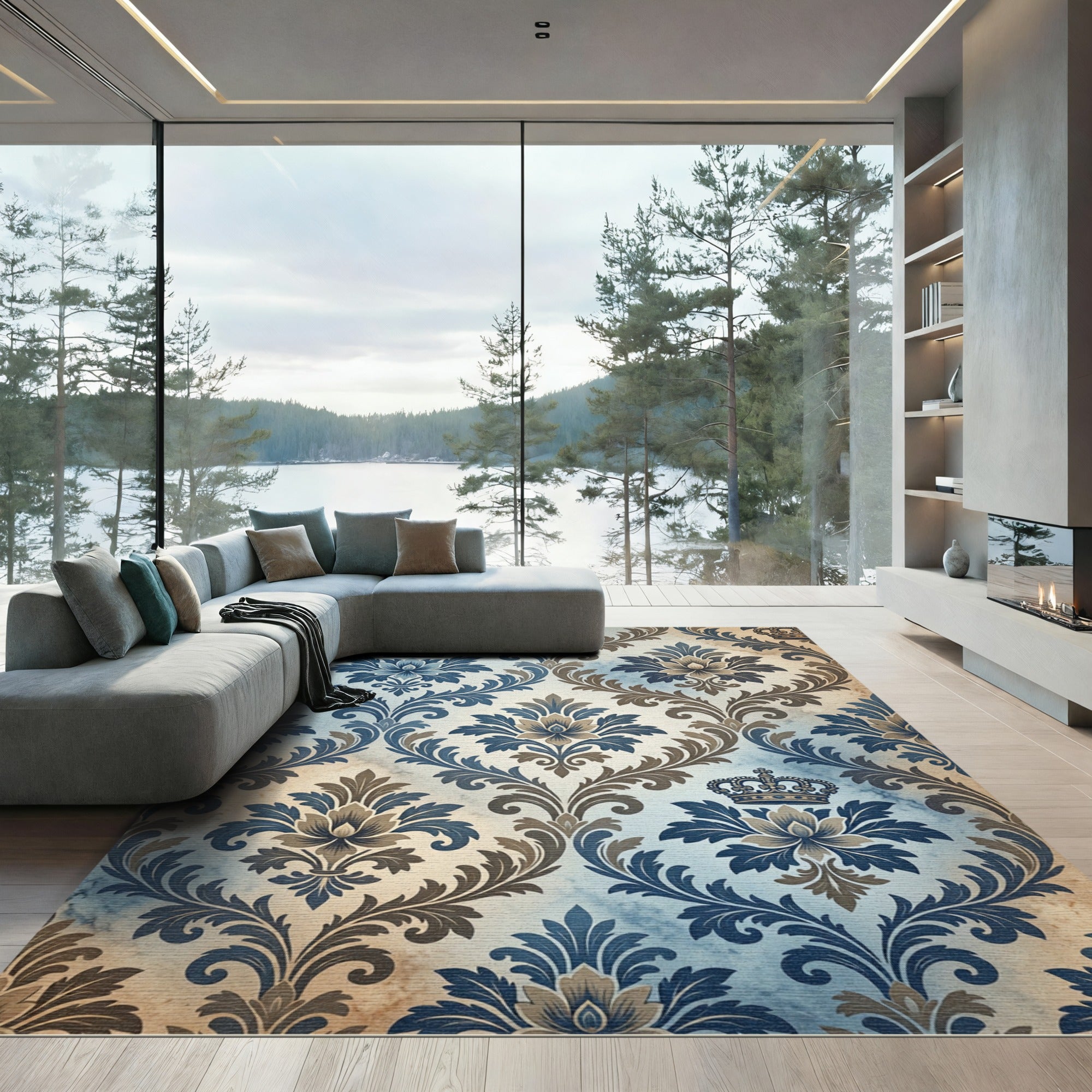 Regal Blue Crown Floral Damask Rug
