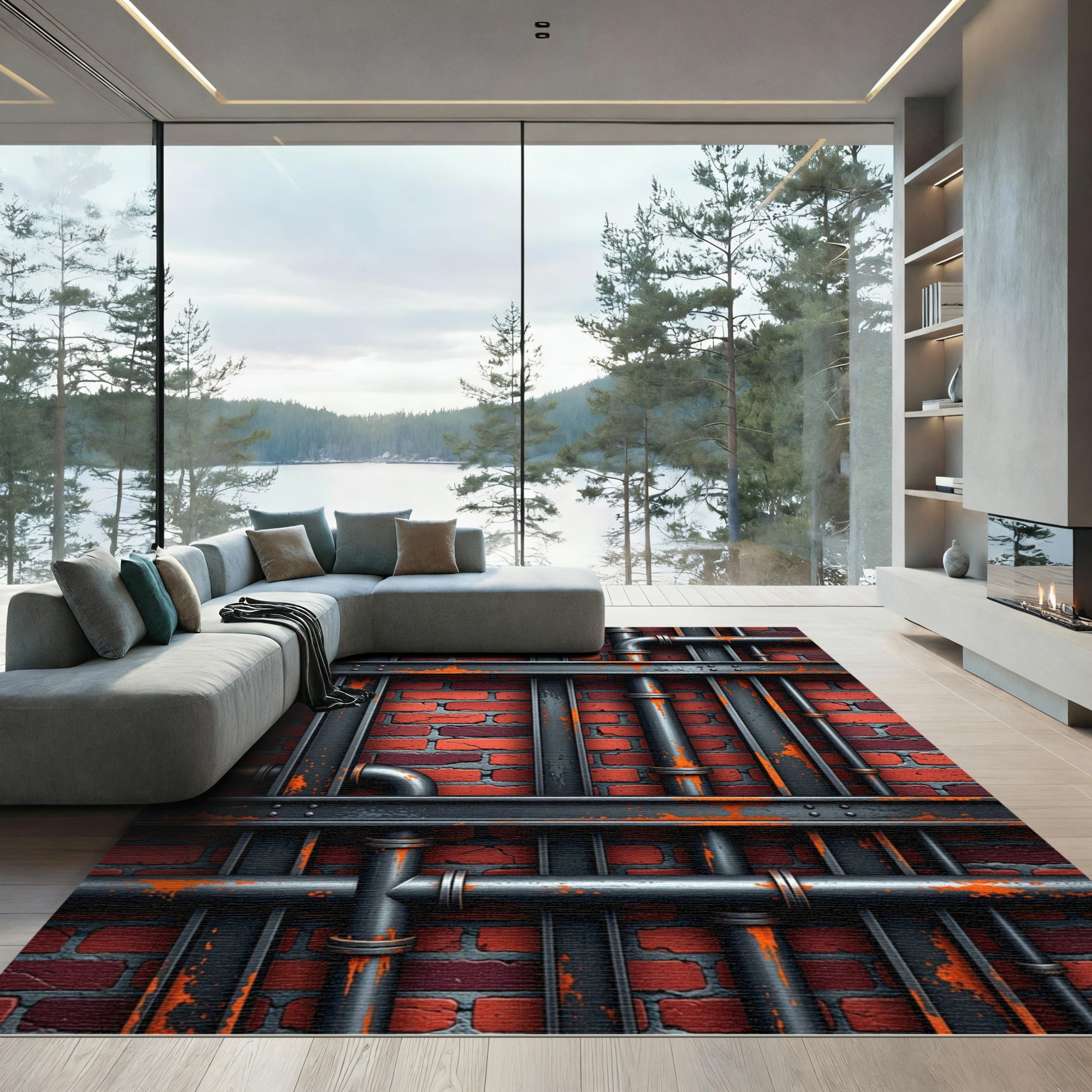 Industrial Brick Wall with Aged Pipes Rug