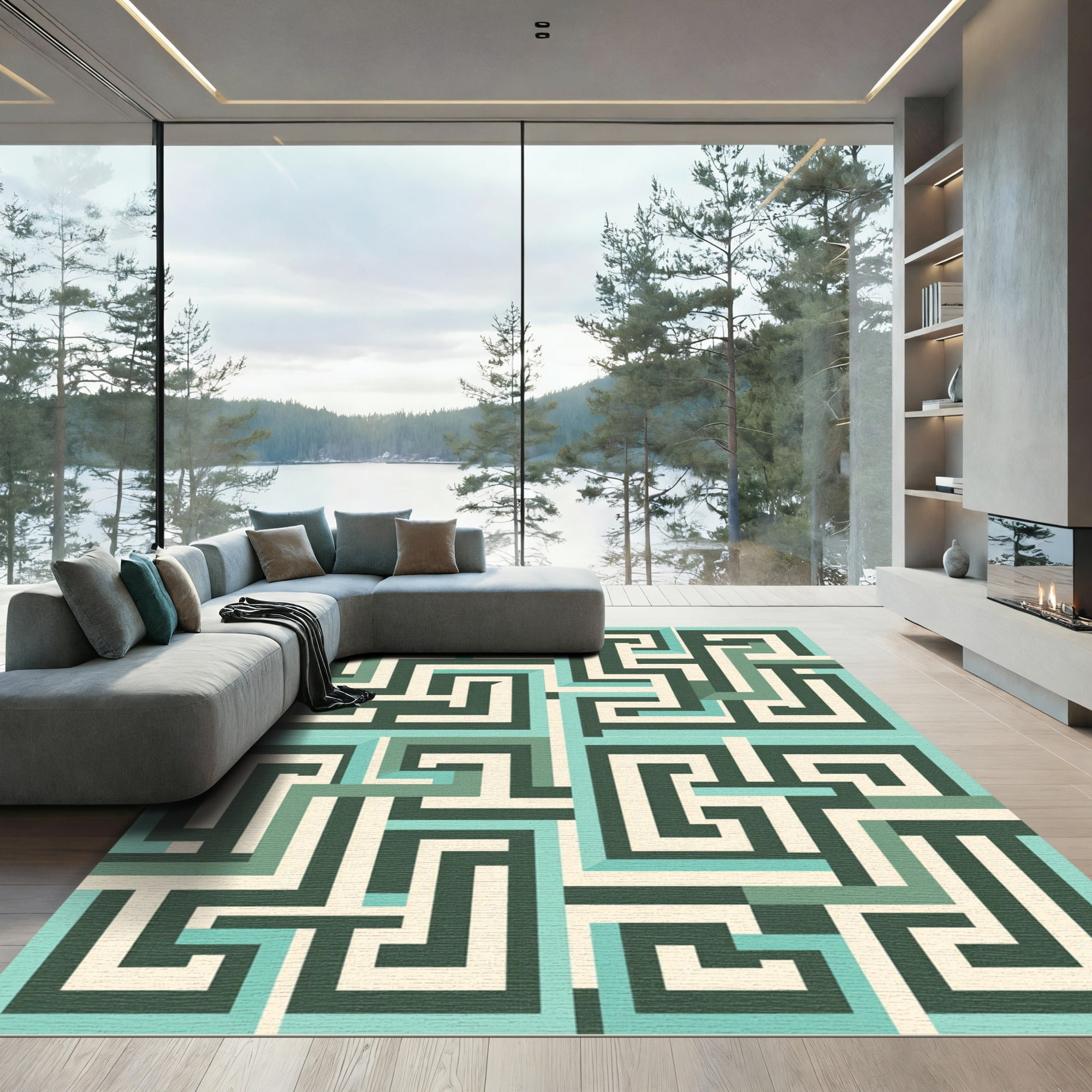 Geometric Teal and Cream Labyrinth Rug