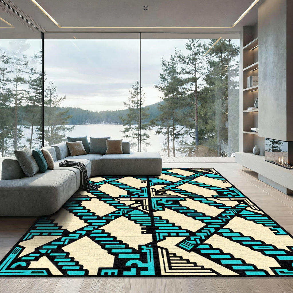 Teal Geometric Staircase Abstract Art Rug