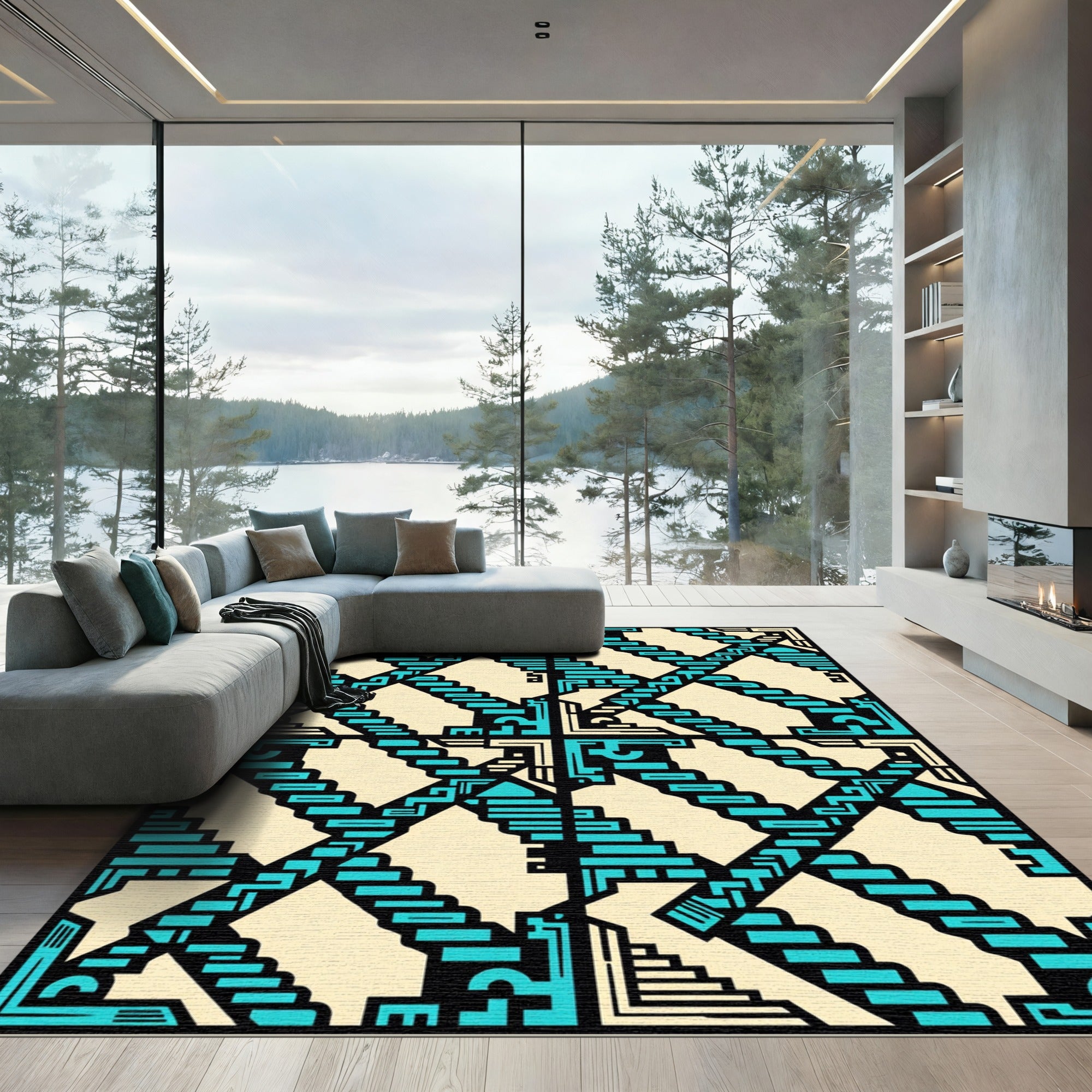Teal Geometric Staircase Abstract Art Rug