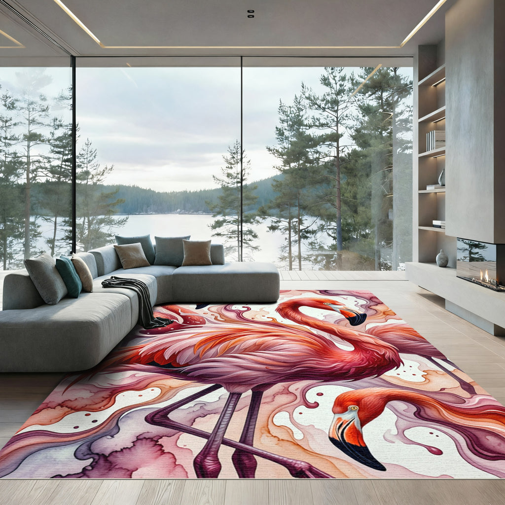 Vibrant Watercolor Flamingo Aquatic Swirl Rug