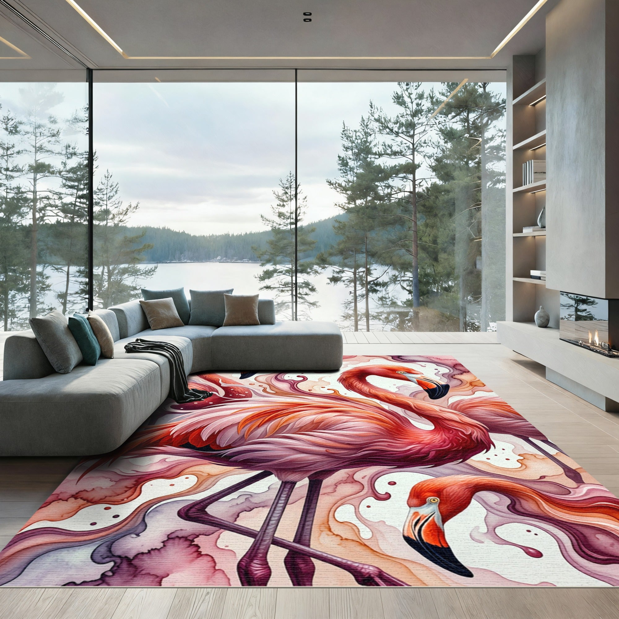 Vibrant Watercolor Flamingo Aquatic Swirl Rug