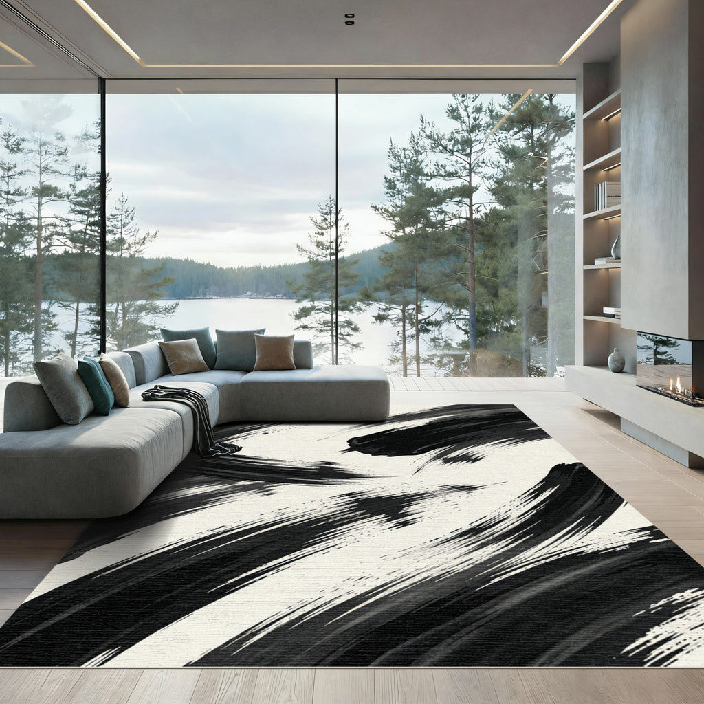 Minimalist Monochrome Abstract Brush Stroke Rug