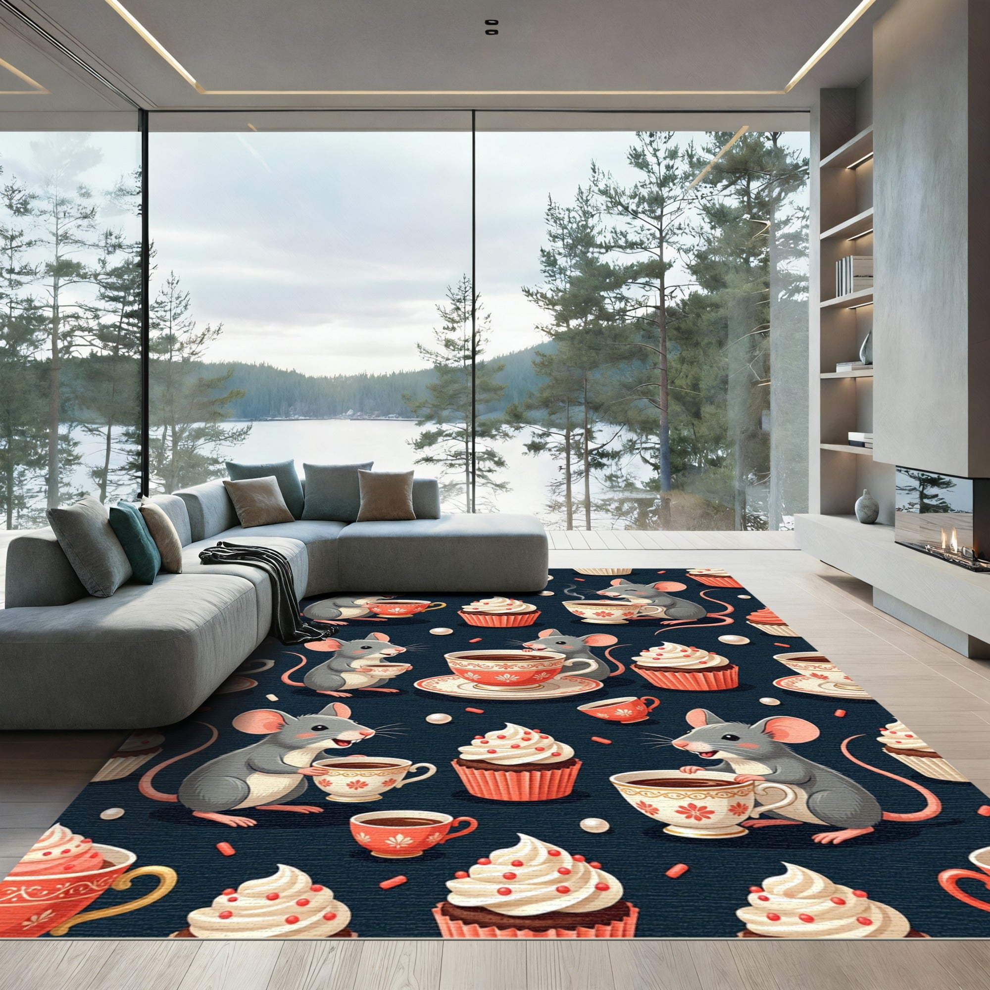 Whimsical Gray Mouse Tea Cup Treats Rug