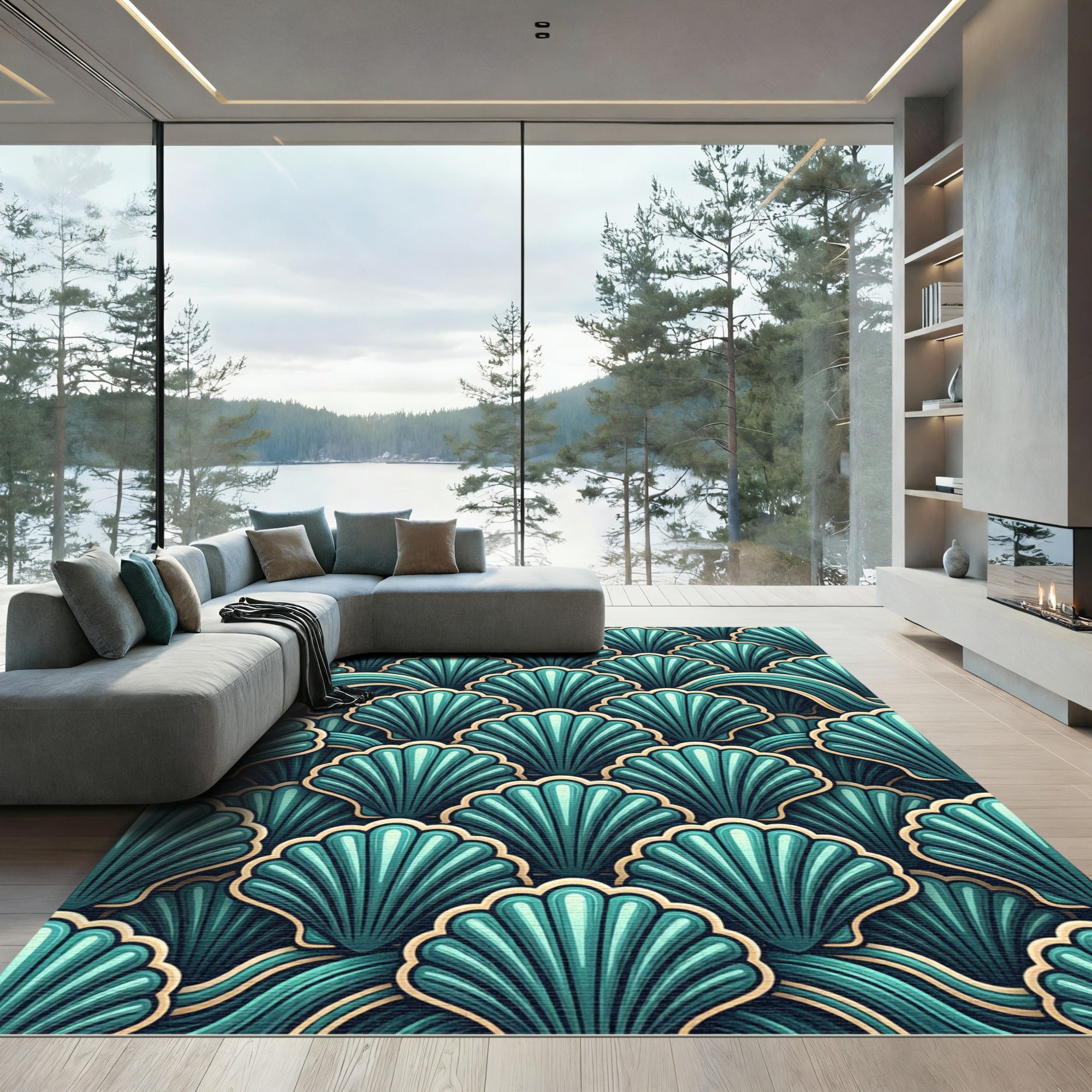 Oceanic Teal Scallop Wave Rug