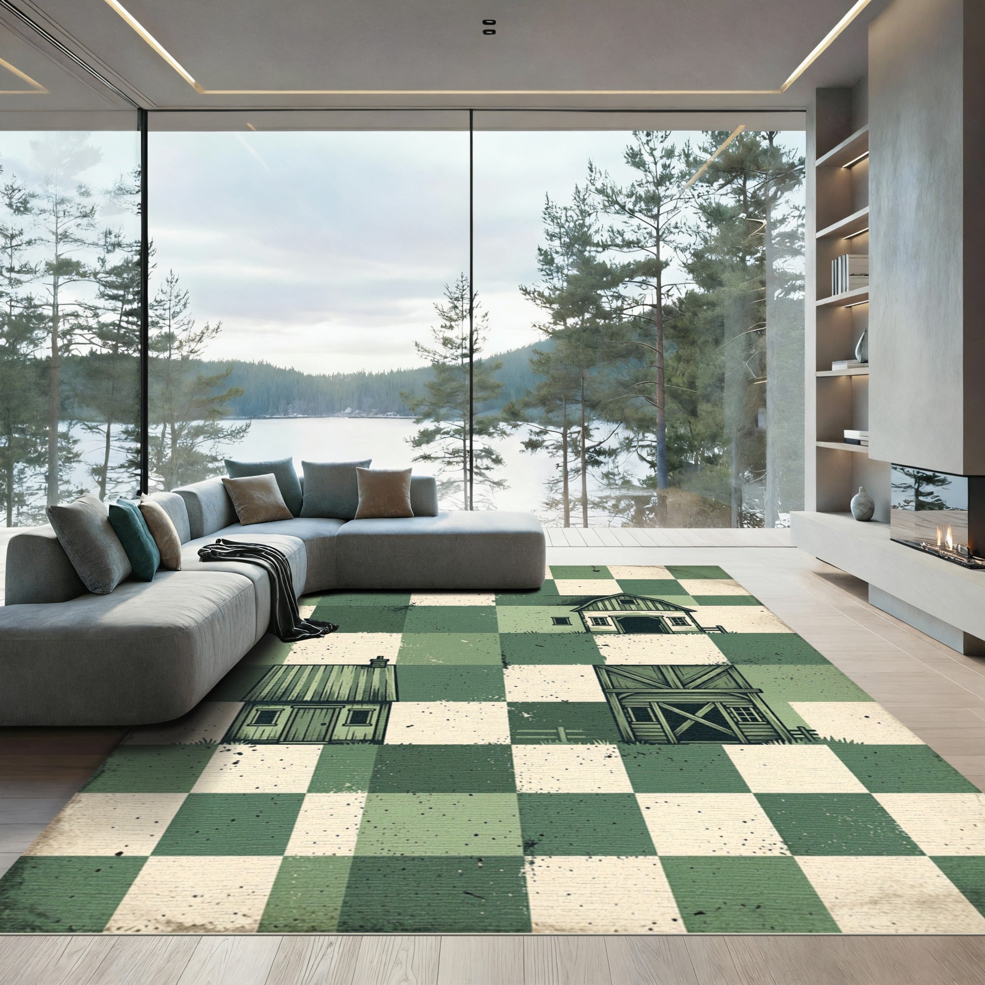 Sage Green Checkerboard Farmstead Illustration Rug