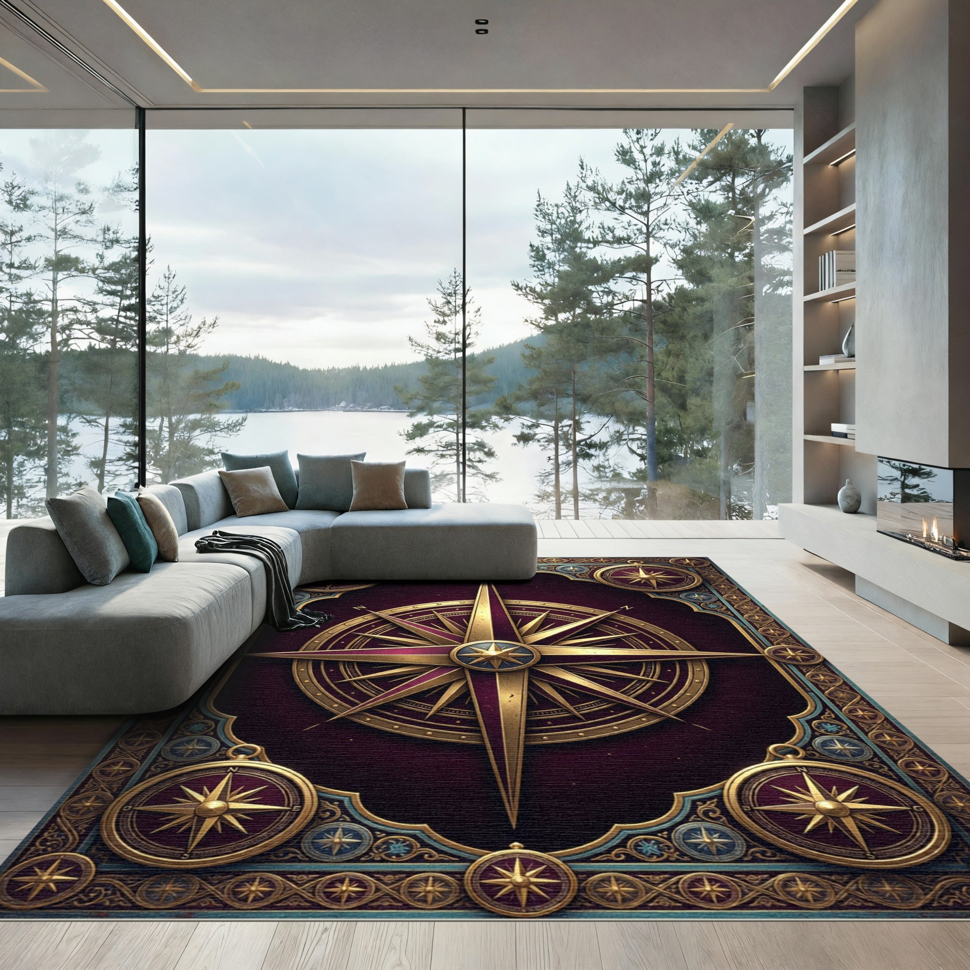 Regal Gold Compass Rose Maroon Tapestry Rug